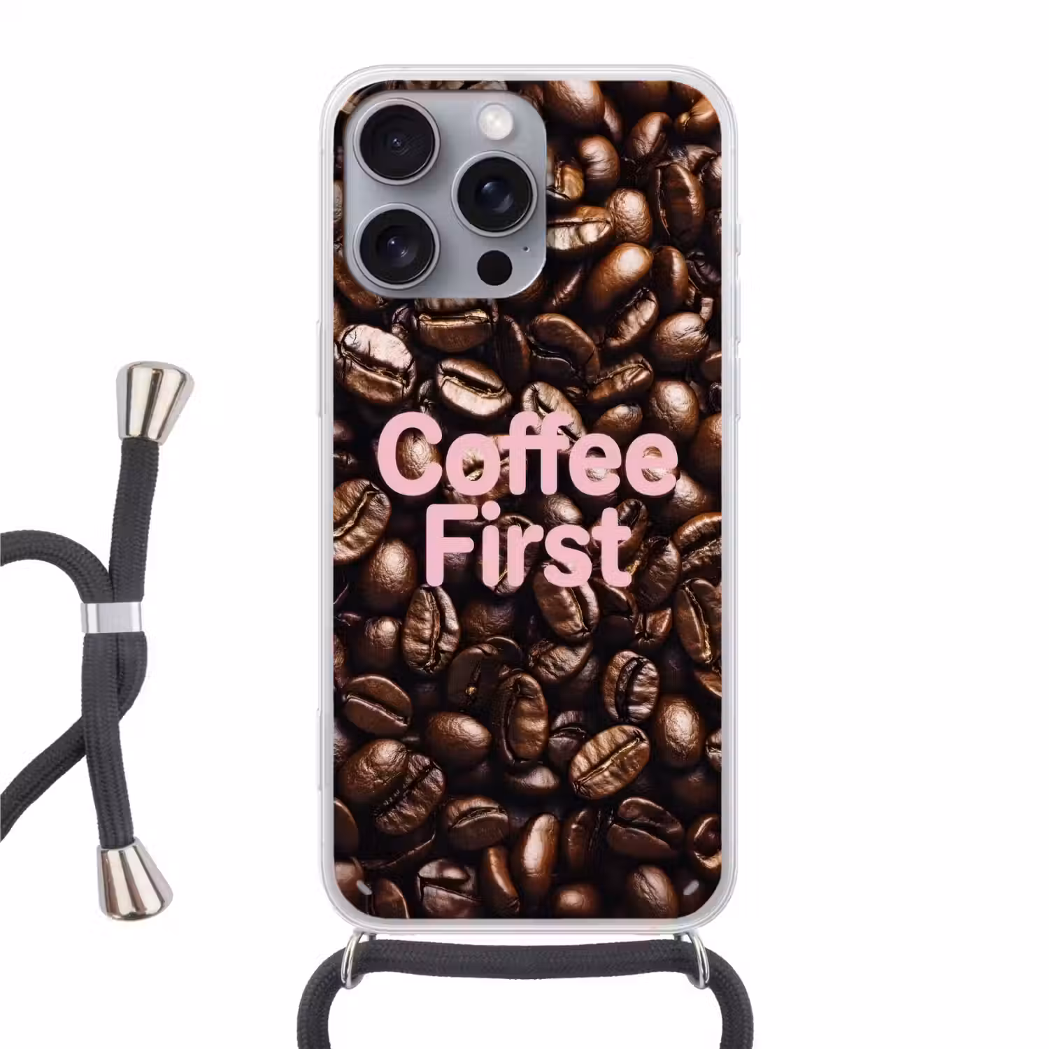 Coffee First - Koffiebonen - Roze Hoesje iPhone 16 Pro Max met koord klein -3d