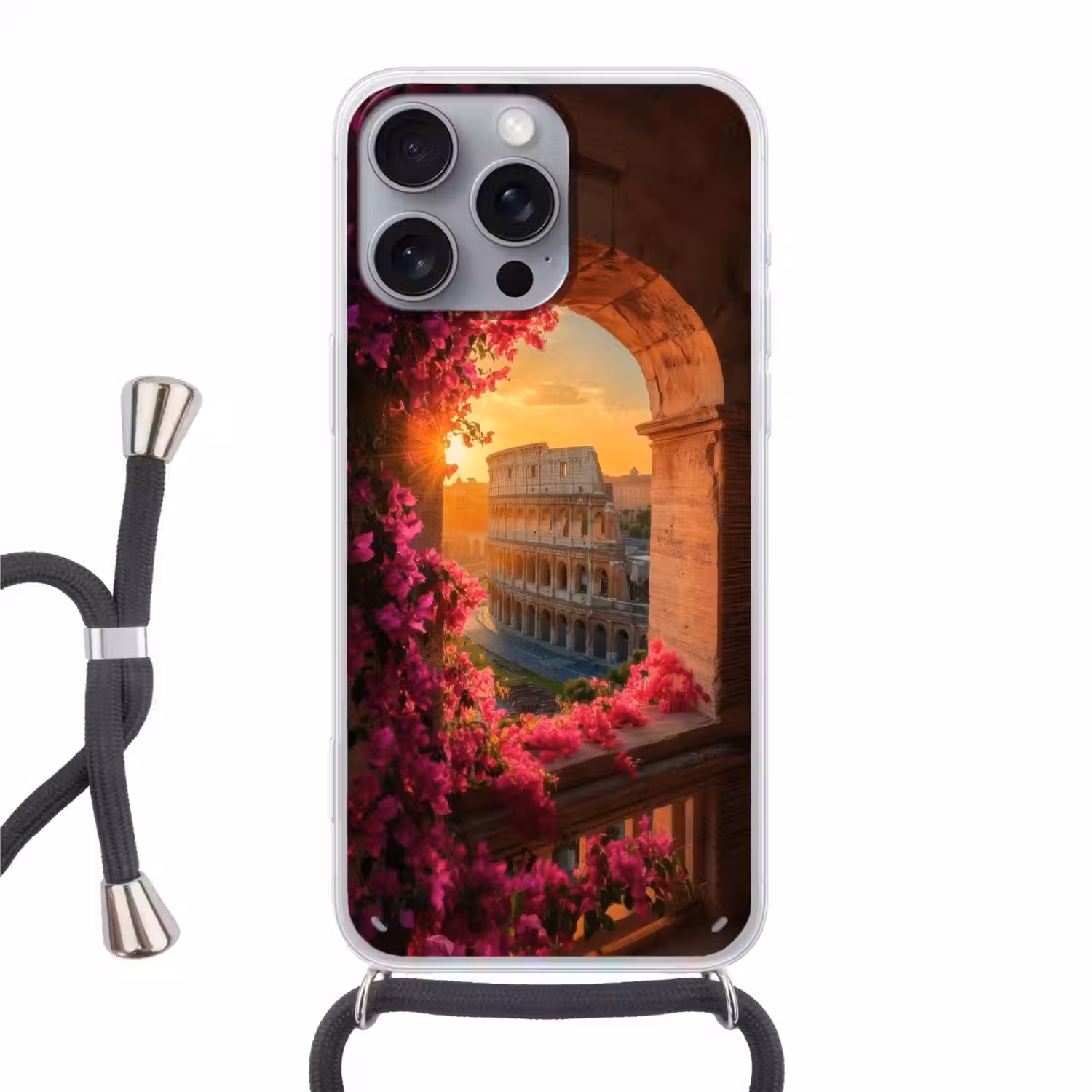 Colosseum - Rome - Roze Bloemen Hoesje iPhone 16 Pro Max met koord klein -3d