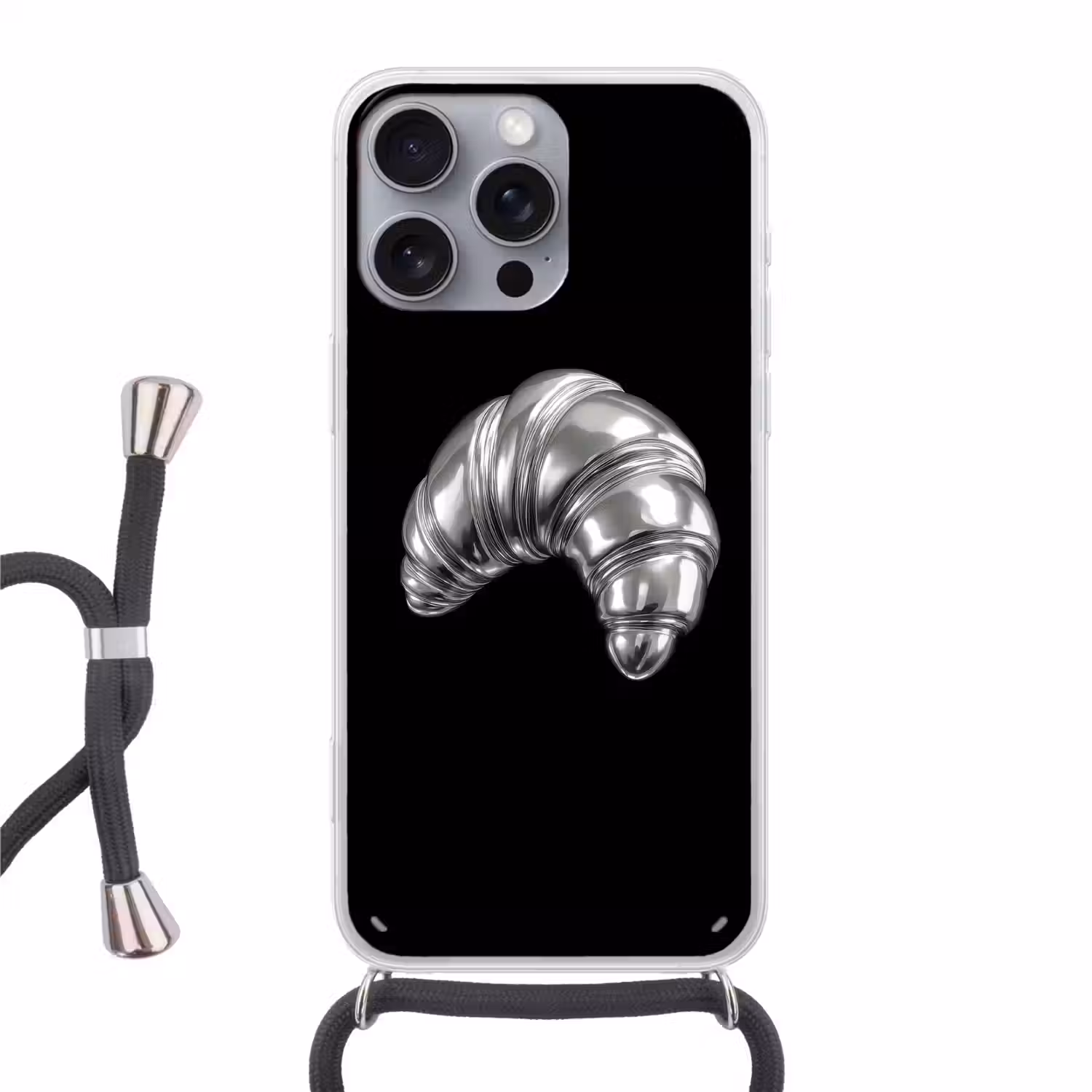 Croissant - Metaal - Zilver Hoesje iPhone 16 Pro Max met koord klein -3d