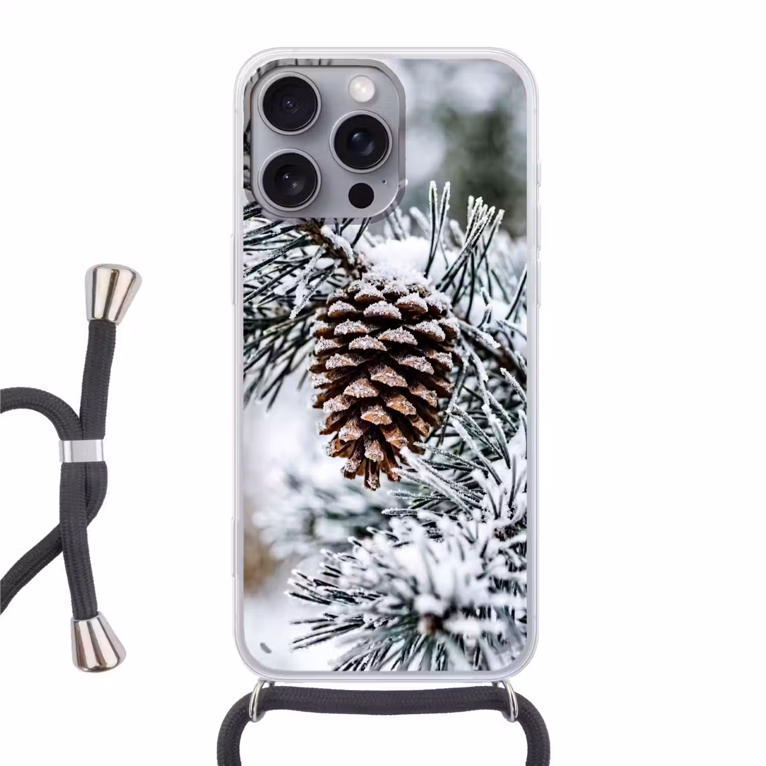 Dennenappel - Tak - Sneeuw - Winter - Sfeervol Hoesje iPhone 16 Pro Max met koord klein -3d