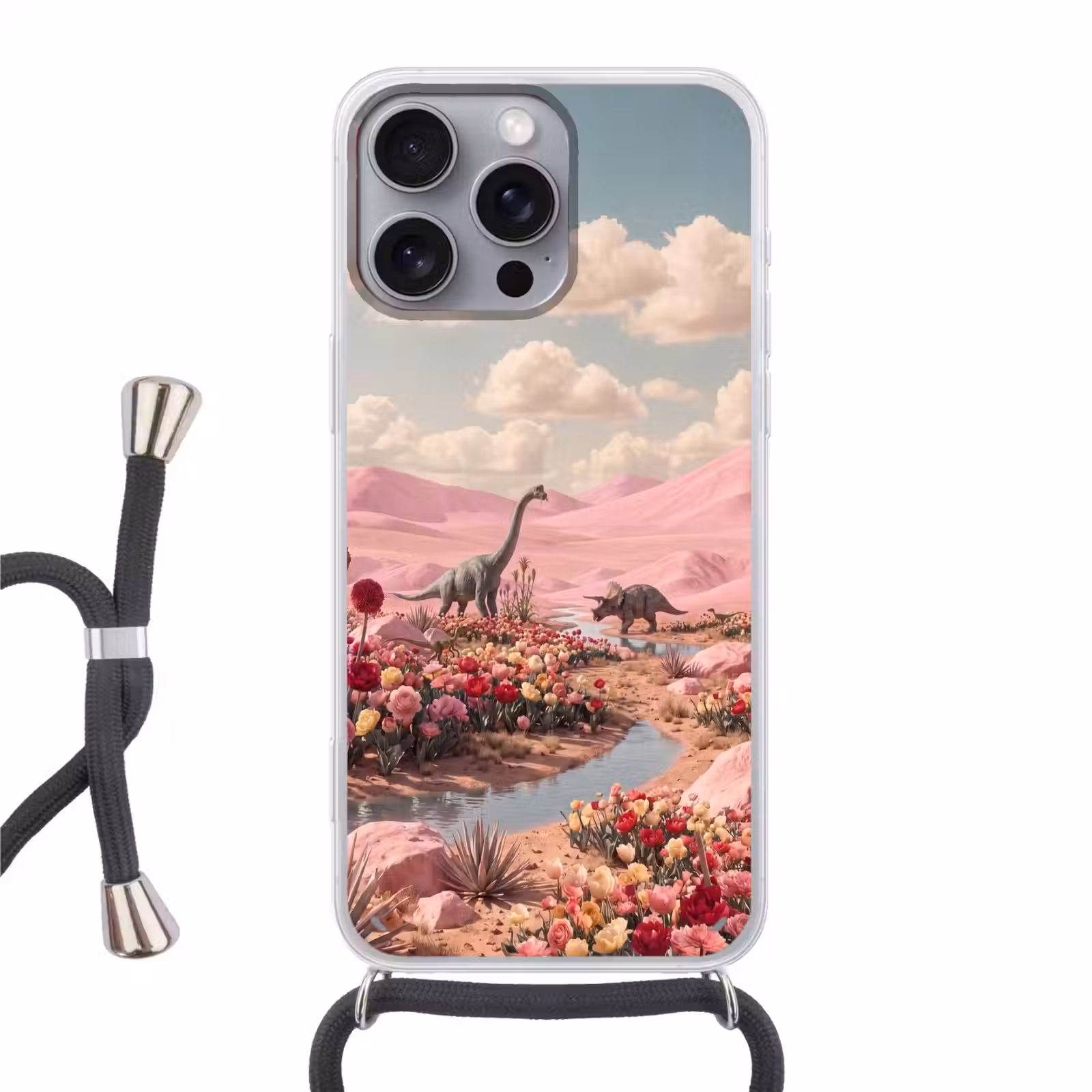 Telefoonhoesje met koord - Dinosaurus - Roze - Landschap — 1