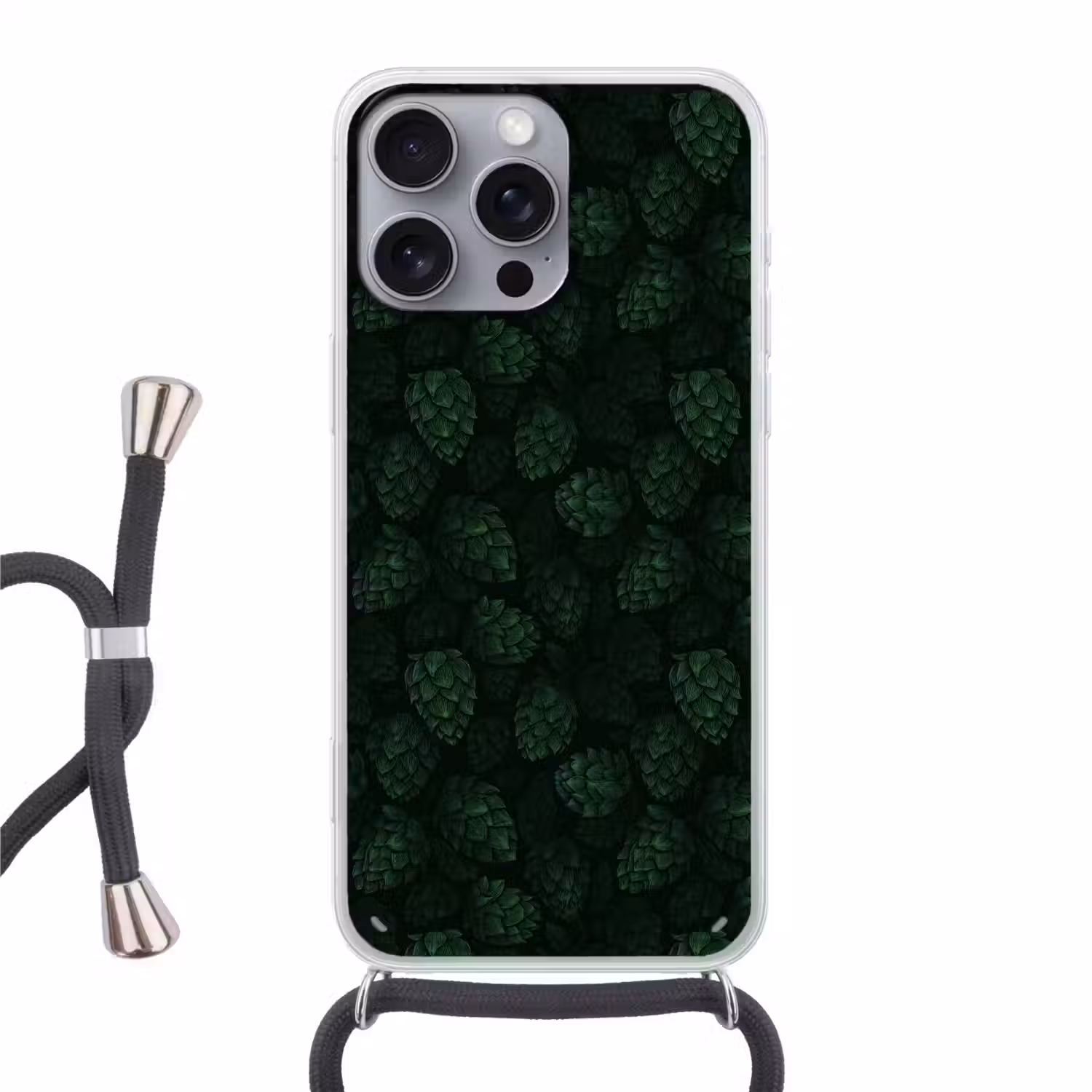 Donker - Groen - Hopbellen - Botanisch - Illustratie Hoesje iPhone 16 Pro Max met koord klein 804 -3d