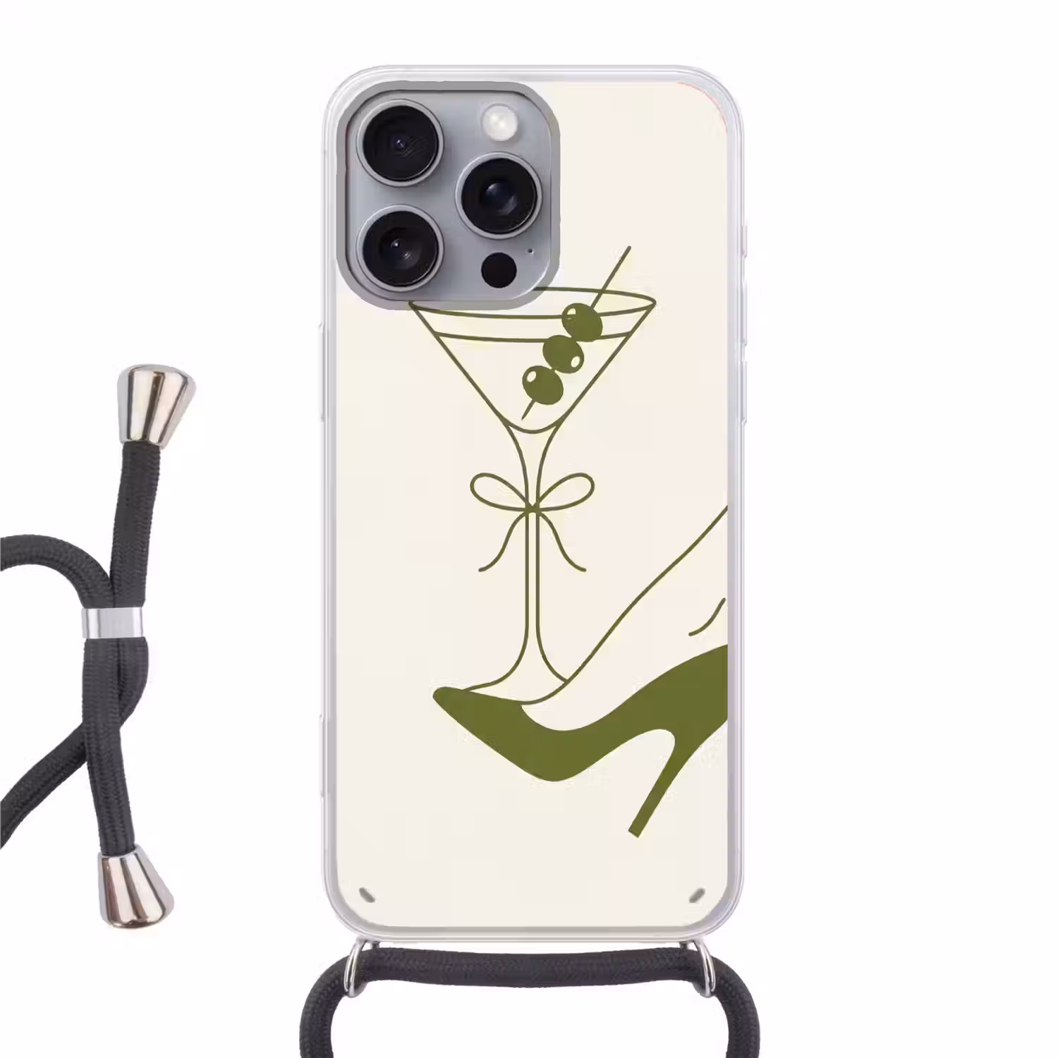 Drank - Martini - Hoge hak - Mode - Groen Hoesje iPhone 16 Pro Max met koord klein -3d