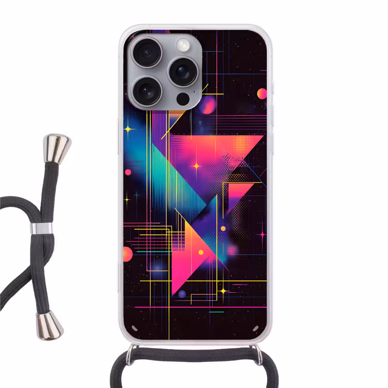 Driehoeken - Cirkels - Abstract - Sterren Hoesje iPhone 16 Pro Max met koord klein -3d