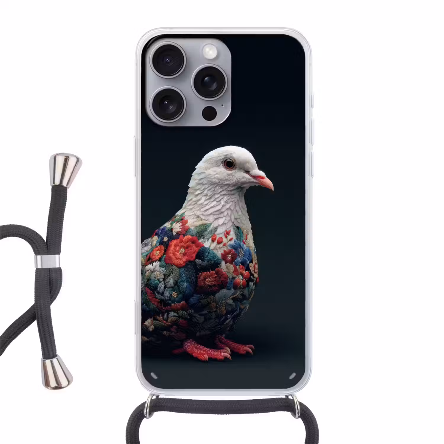 Duif - Bloemen - Wit - Zwart Hoesje iPhone 16 Pro Max met koord klein -3d