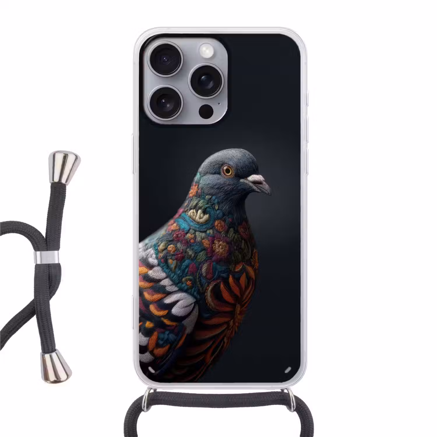 Duif - Bloemen - Zwart Hoesje iPhone 16 Pro Max met koord klein -3d