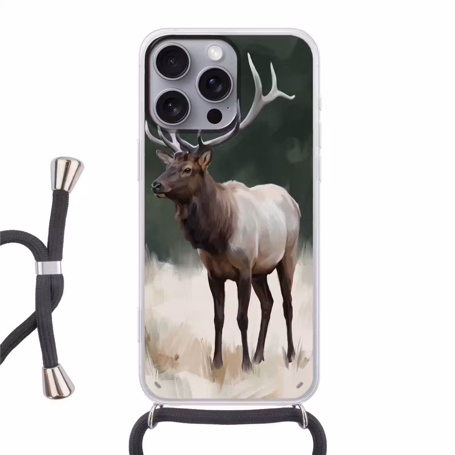 Edelhert - Gewei - Schildering - Rustiek Hoesje iPhone 16 Pro Max met koord klein -3d