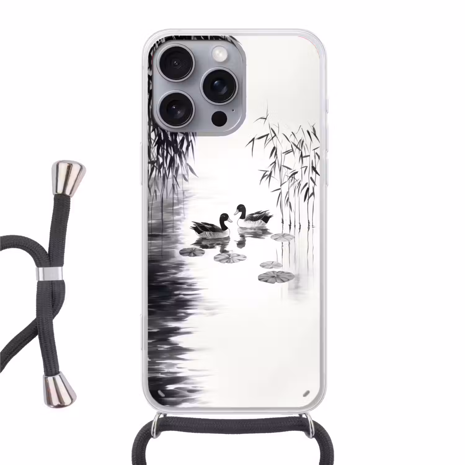 Eenden - Waterlelies - Riet - Zwart Hoesje iPhone 16 Pro Max met koord klein -3d