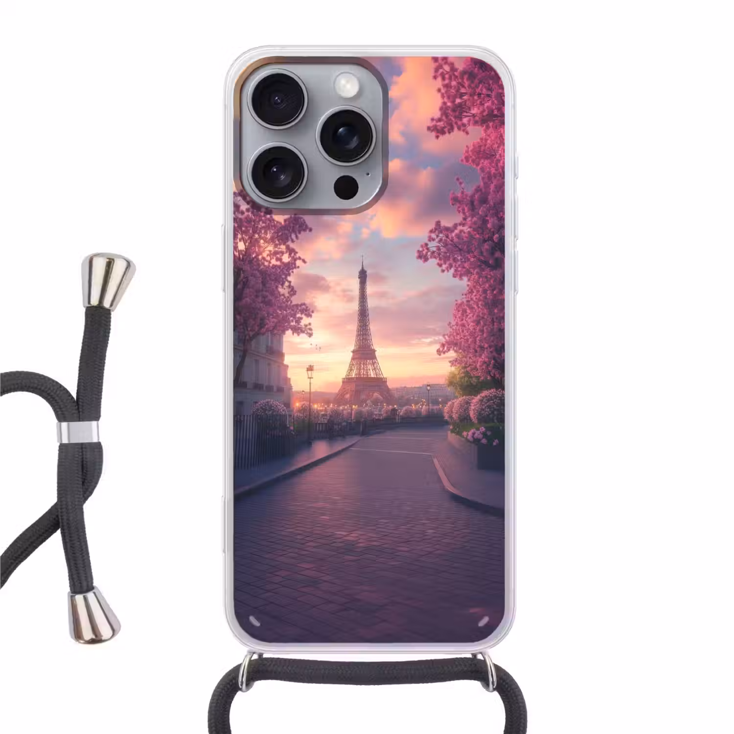 Eiffeltoren - Parijs - Roze Hoesje iPhone 16 Pro Max met koord klein -3d