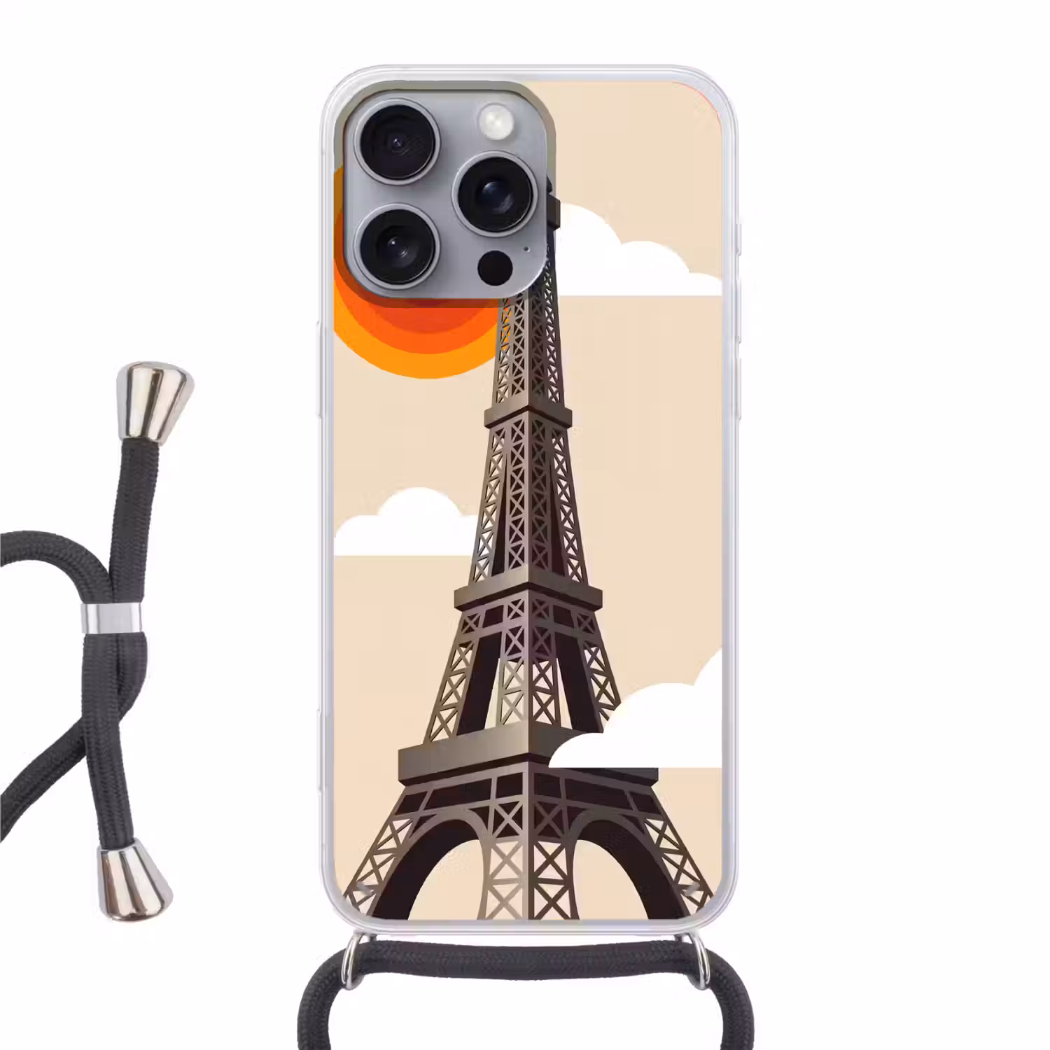 Eiffeltoren - Zon - Architectuur - Abstract - Beige Hoesje iPhone 16 Pro Max met koord klein -3d