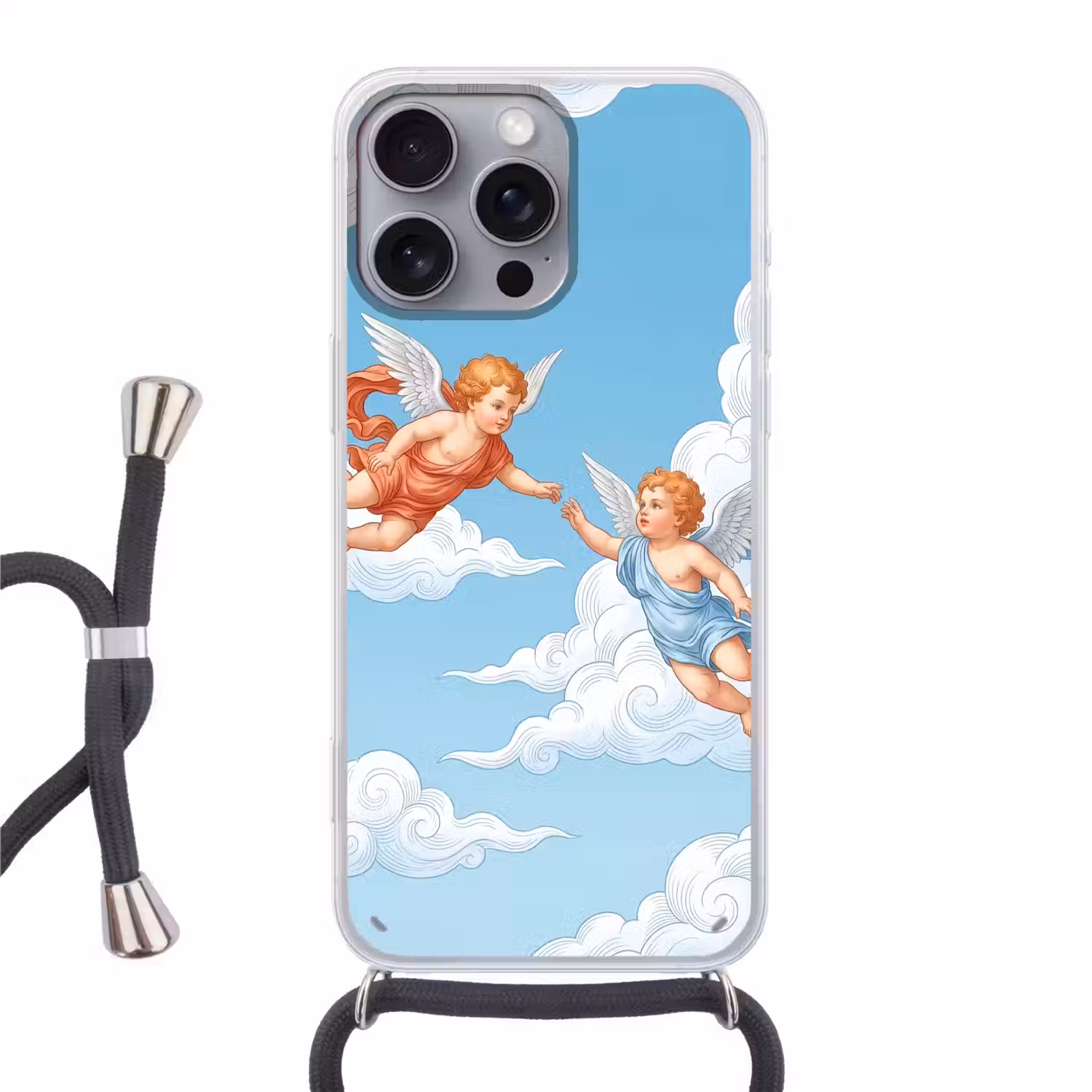 Engel - Vliegend - Klassiek - Blauw Hoesje iPhone 16 Pro Max met koord klein -3d