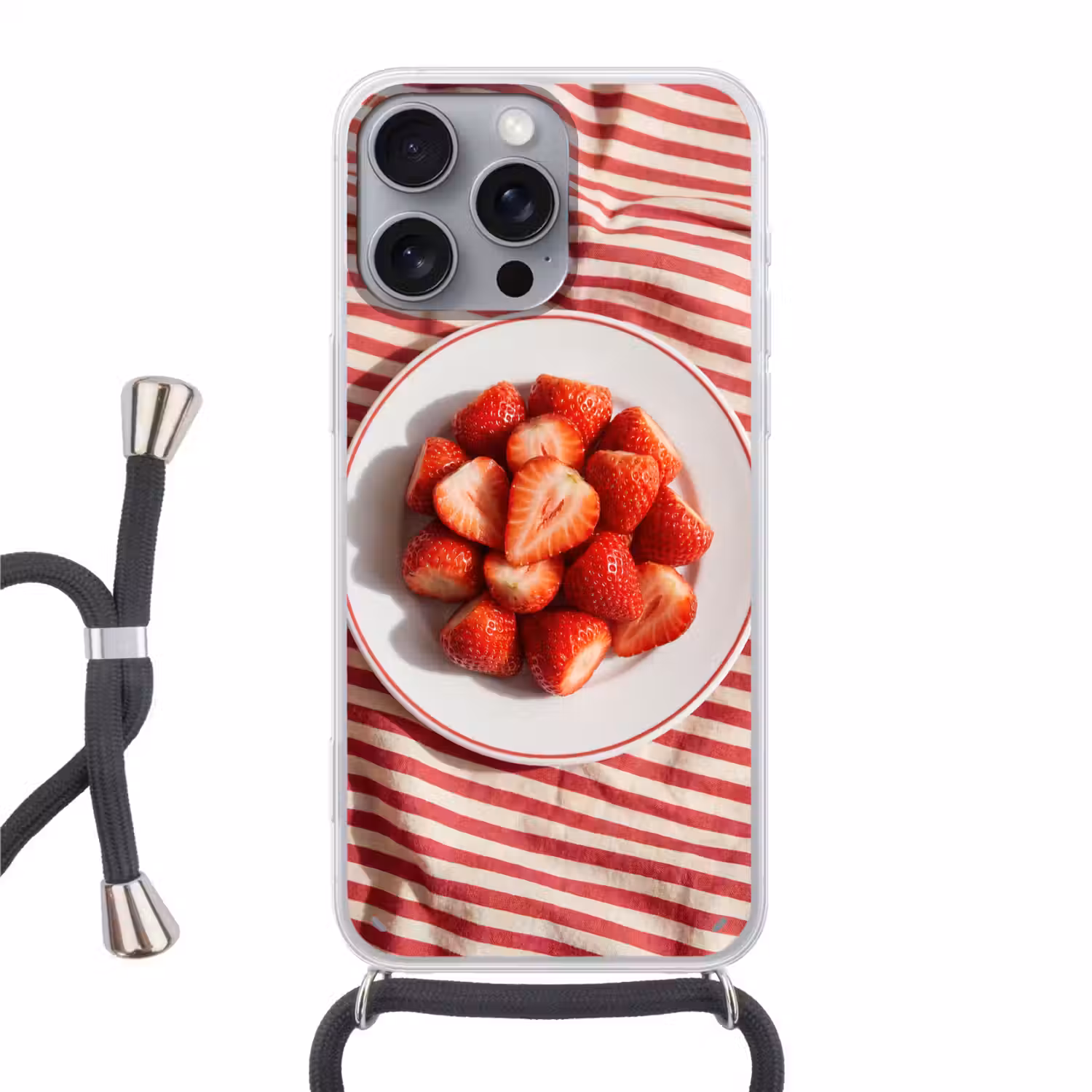 Eten - Aardbeien - Fruit - Zomer - Rood Hoesje iPhone 16 Pro Max met koord klein -3d