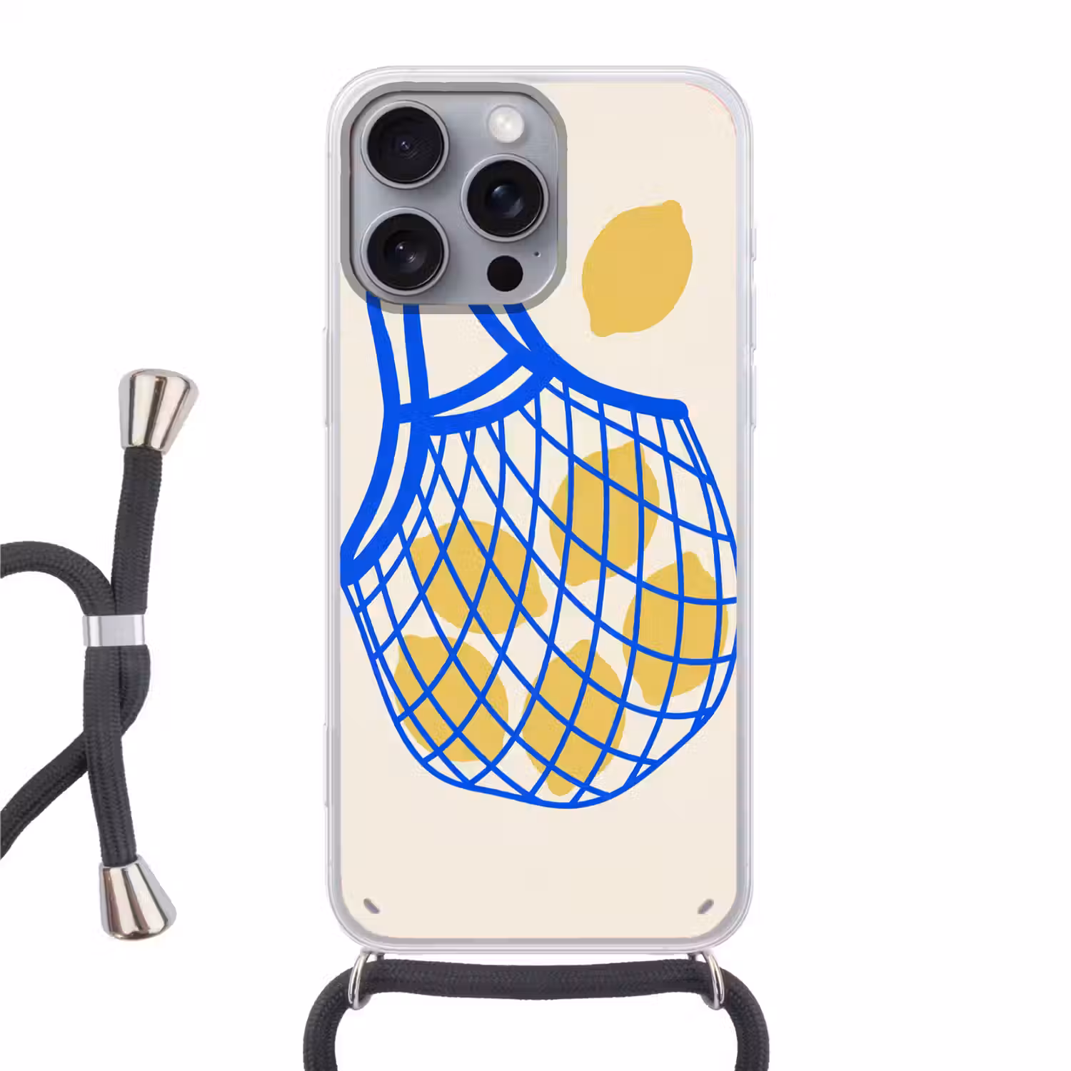 Eten - Citroen - Boodschappen - Abstract - Geel - Blauw Hoesje iPhone 16 Pro Max met koord klein -3d
