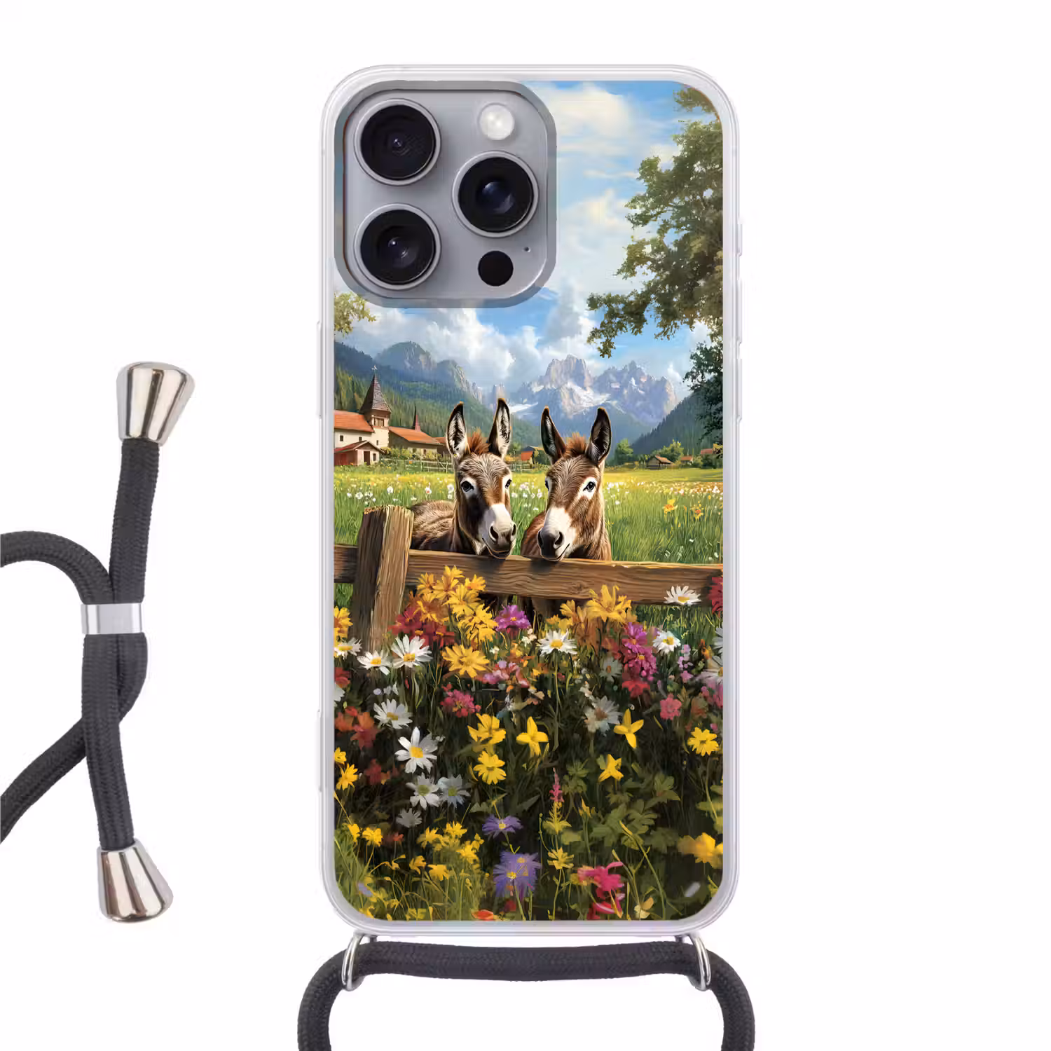 Ezels - Bloemen - Zomers Hoesje iPhone 16 Pro Max met koord klein -3d