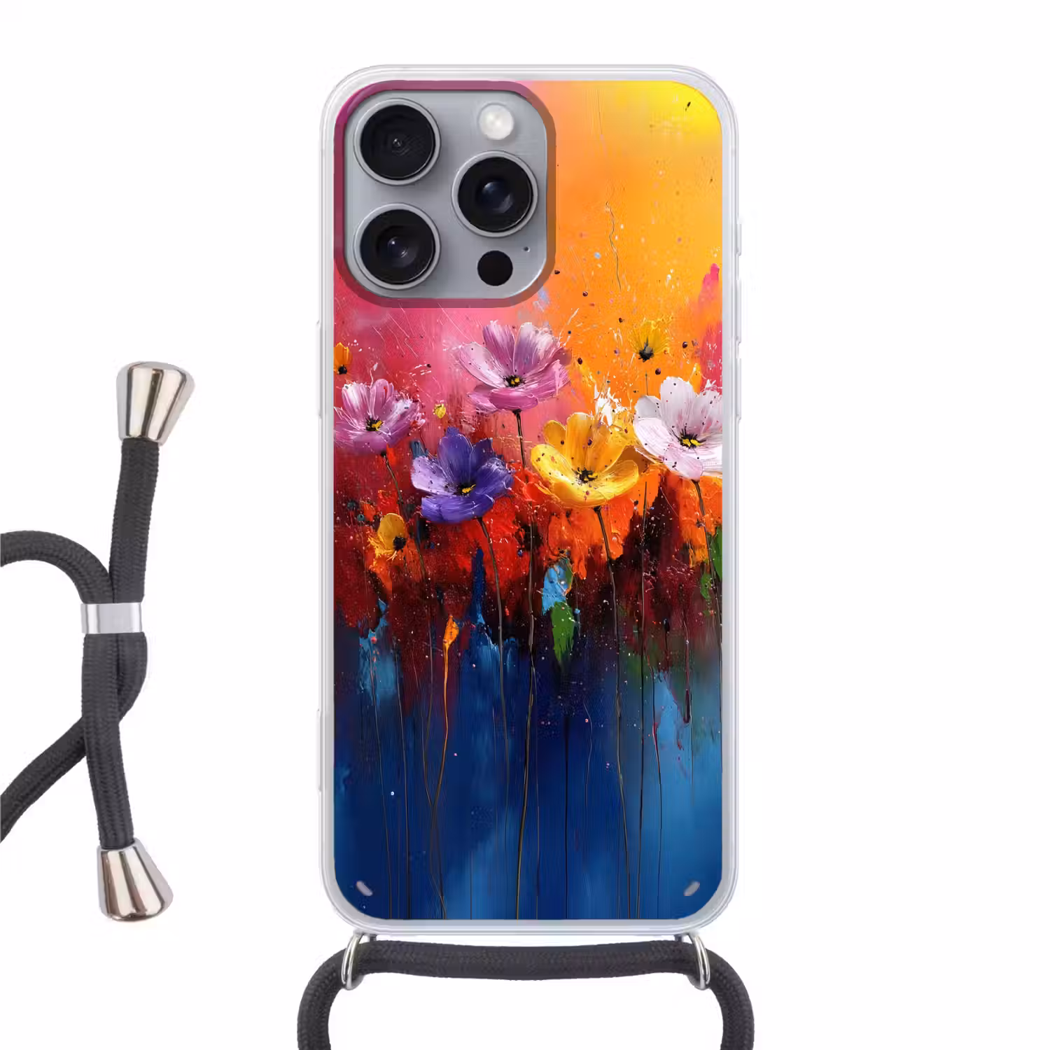 Fantasiebloemen - Verf - Speels Hoesje iPhone 16 Pro Max met koord klein -3d