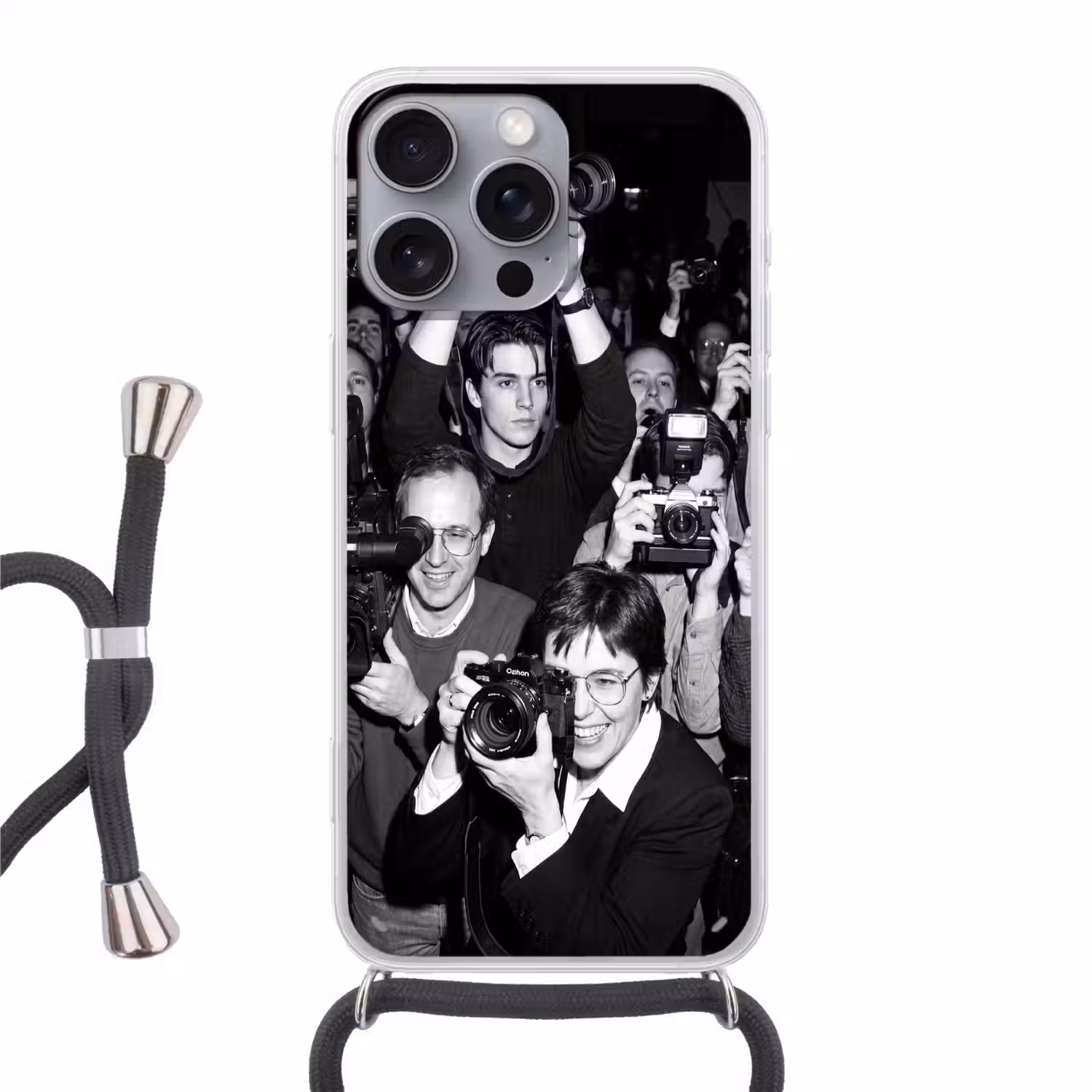 Fotografen - Menigte - Flitsers - Journalistiek Hoesje iPhone 16 Pro Max met koord klein -3d