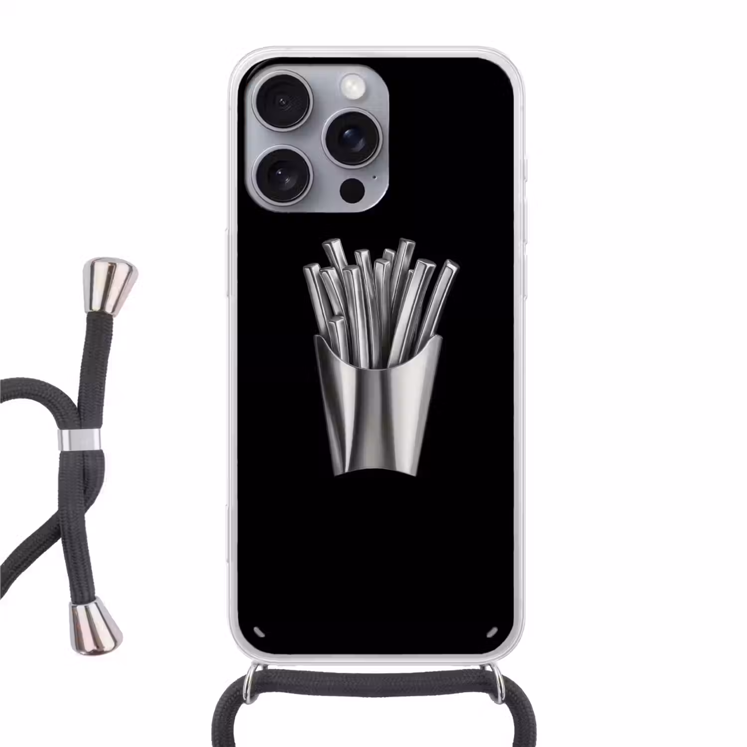 Frietjes - Futuristisch - Zilver Hoesje iPhone 16 Pro Max met koord klein -3d