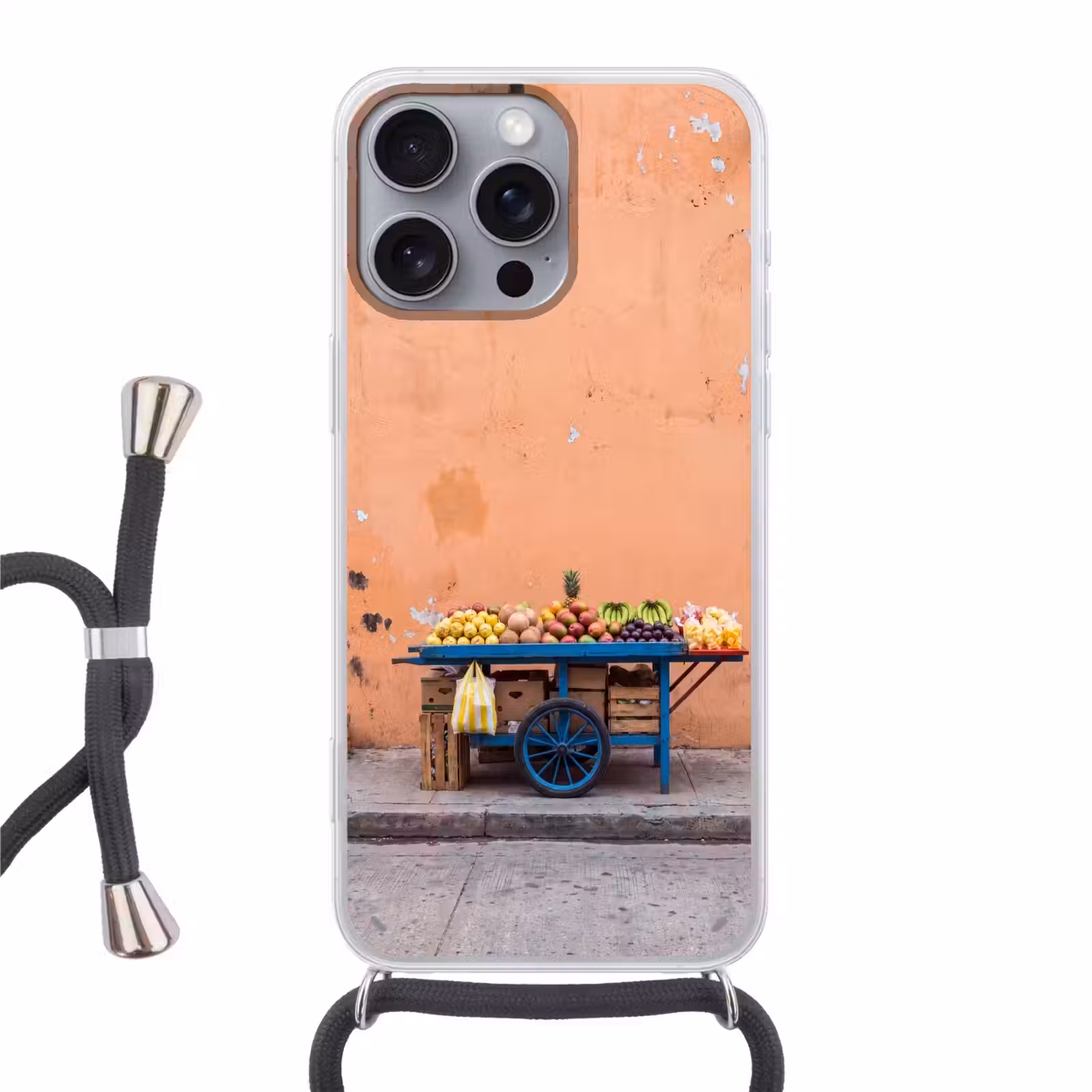 Telefoonhoesje met koord - Fruit - Kar - Straat - Fruit - Kar - Straat Hoesje iPhone 16 Pro Max met koord klein