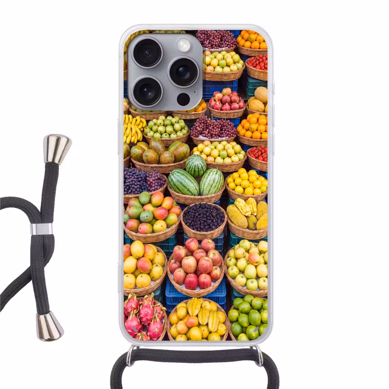 Telefoonhoesje met koord - Fruit - Markt - Kleurrijk - Fruit - Markt - Kleurrijk Hoesje iPhone 16 Pro Max met koord klein