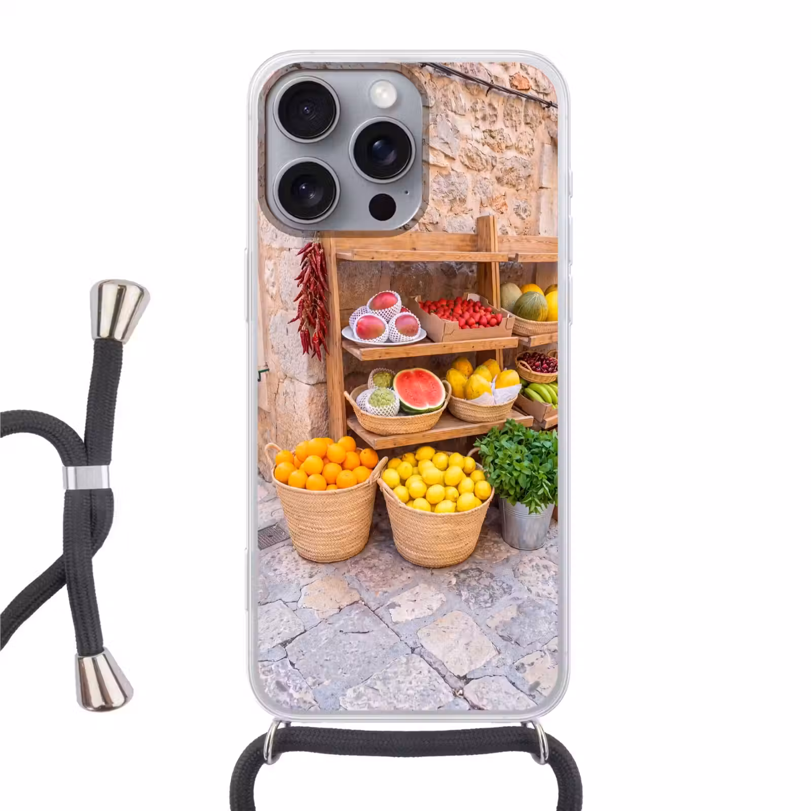 Telefoonhoesje met koord - Fruit - Markt - Vers - Fruit - Markt - Vers Hoesje iPhone 16 Pro Max met koord klein