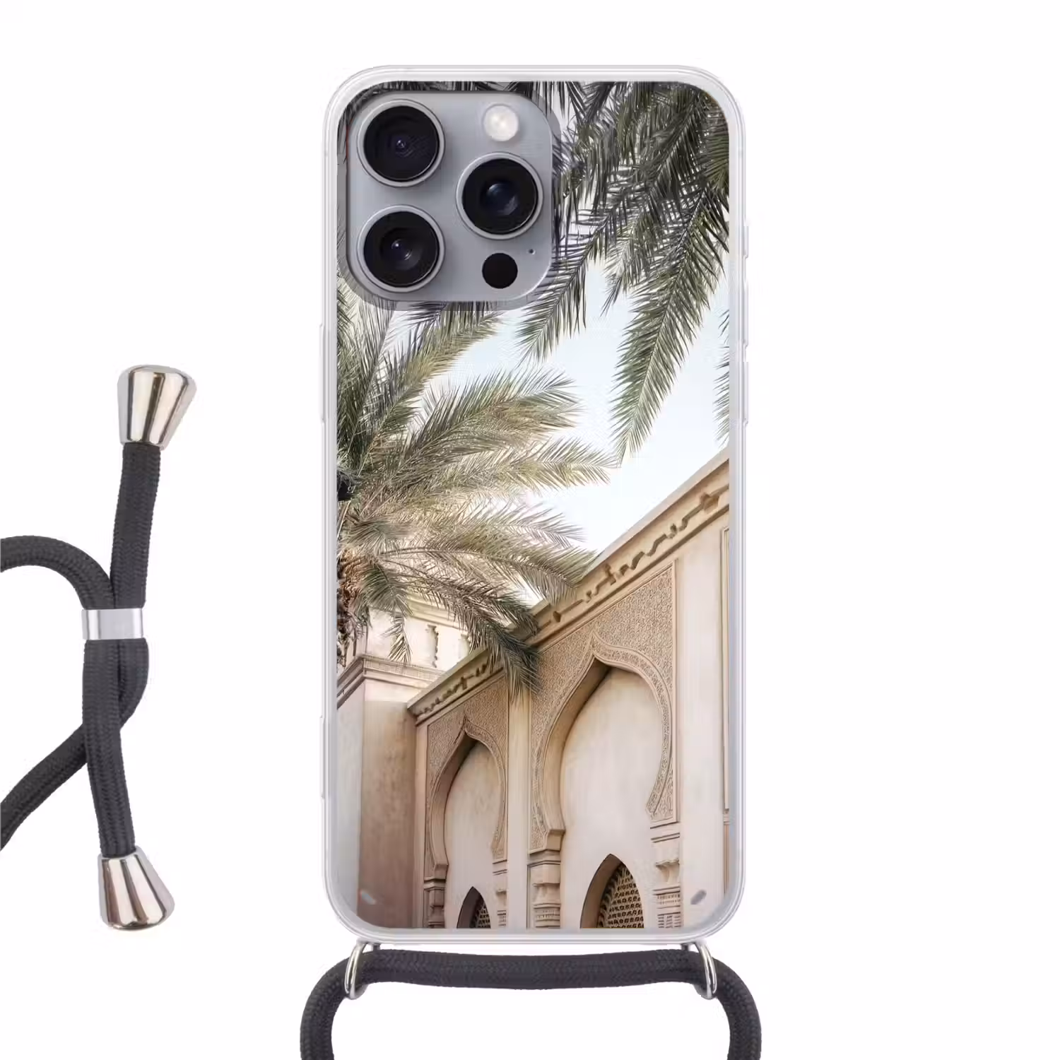Gebouw - Palmbomen - Beige - Zon Hoesje iPhone 16 Pro Max met koord klein -3d