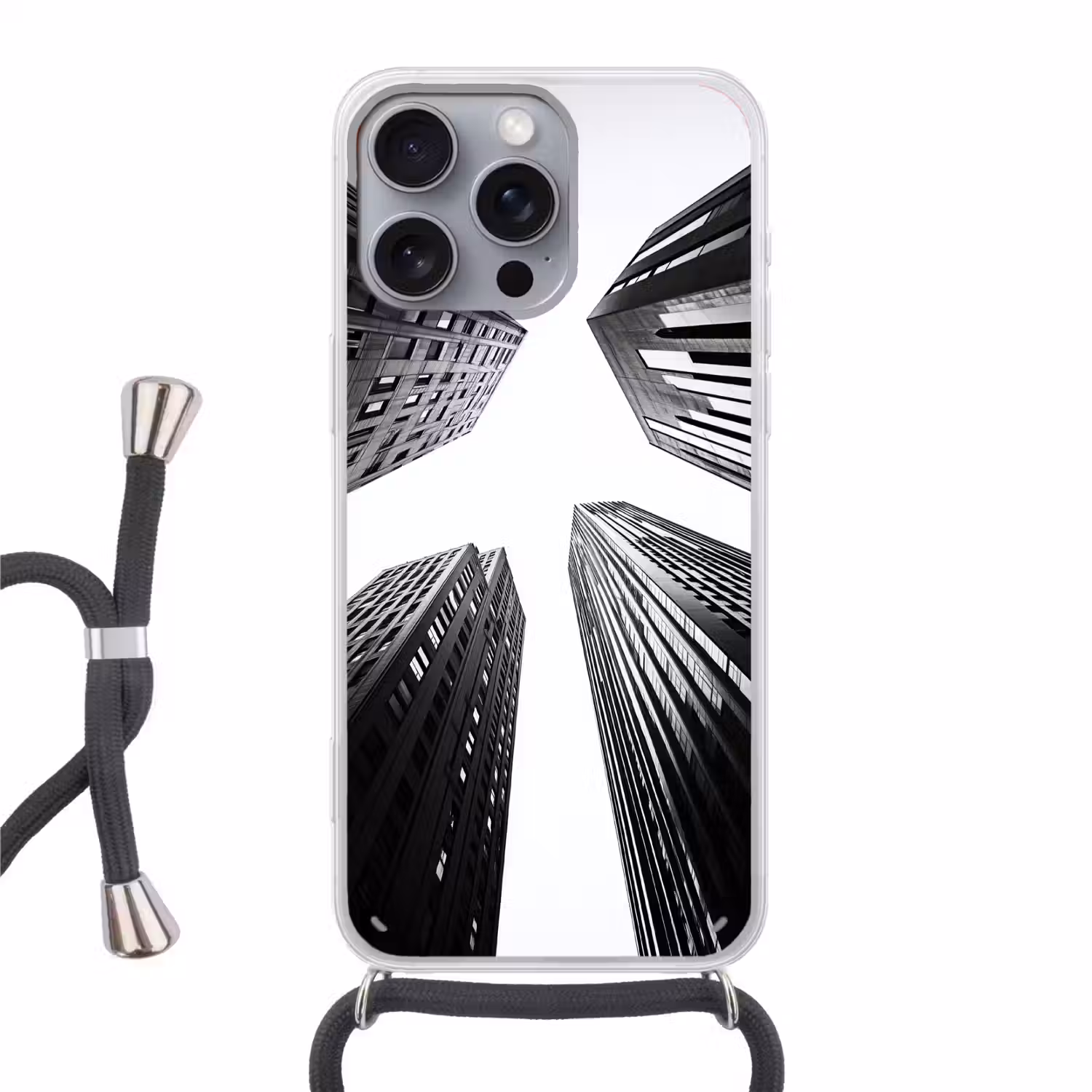 Gebouwen - Lucht - Zwart Hoesje iPhone 16 Pro Max met koord klein -3d