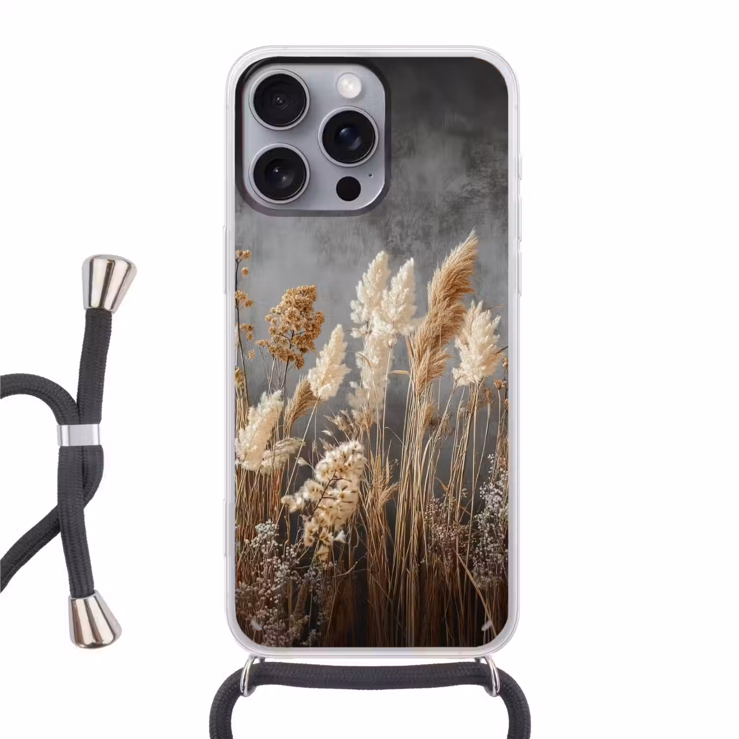Gedroogde Veldbloemen - Grijs - Beton Hoesje iPhone 16 Pro Max met koord klein -3d