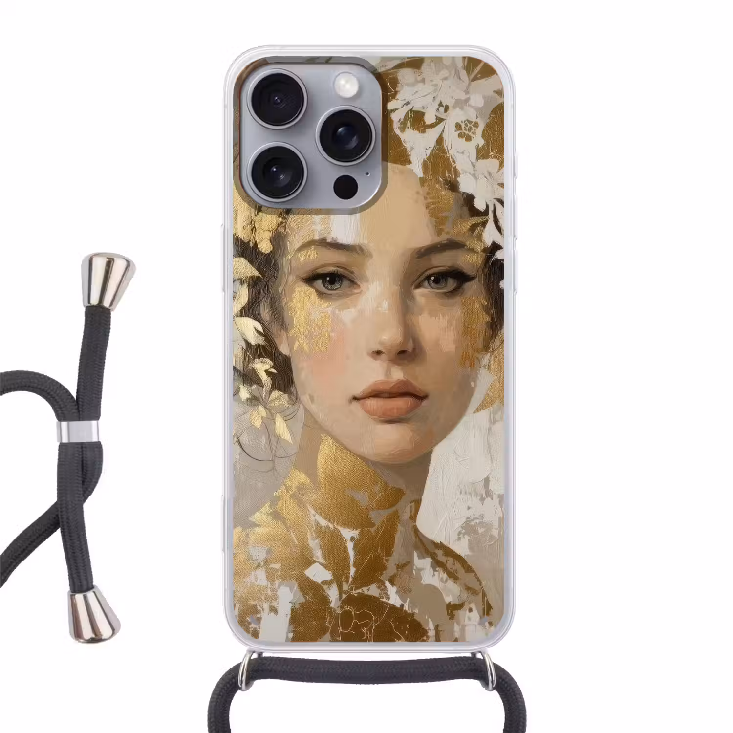 Gezicht - Vrouw - Bladeren - Goud Hoesje iPhone 16 Pro Max met koord klein -3d