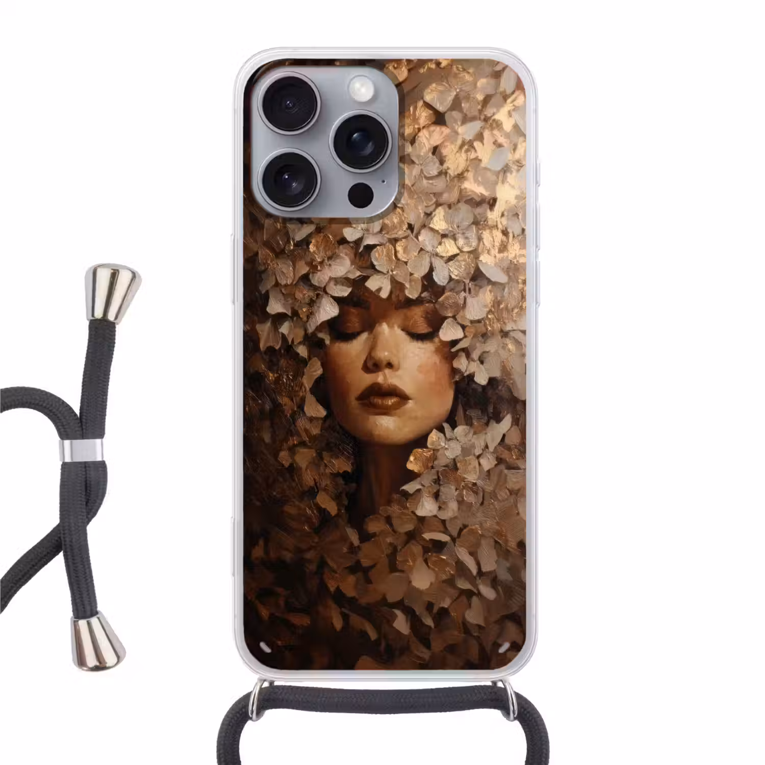 Gezicht - Vrouwe - Bladeren - Penseelstreken Hoesje iPhone 16 Pro Max met koord klein -3d