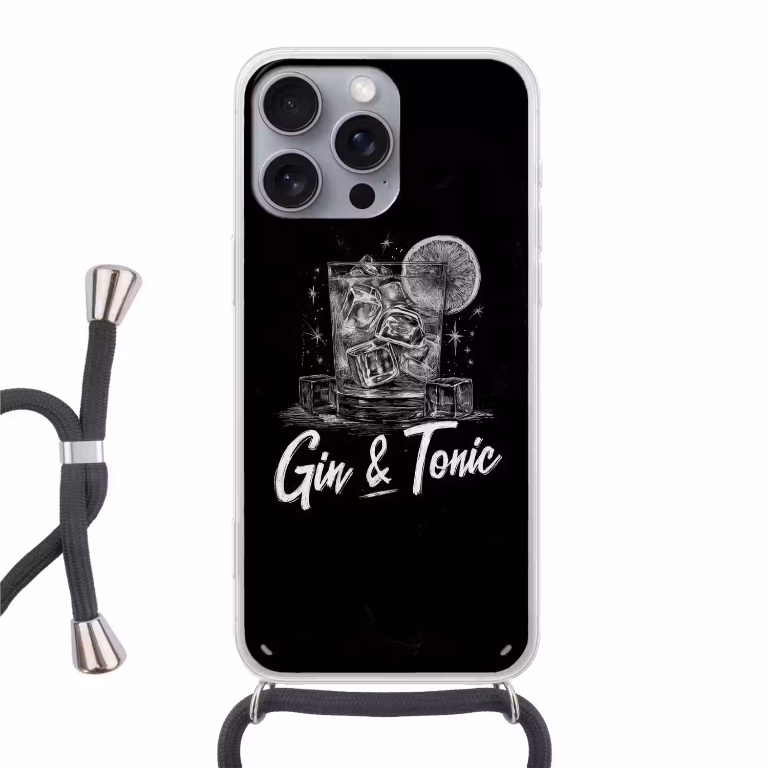 Gin en tonic - Glas - Limoen - Ijsblokjes Hoesje iPhone 16 Pro Max met koord klein -3d