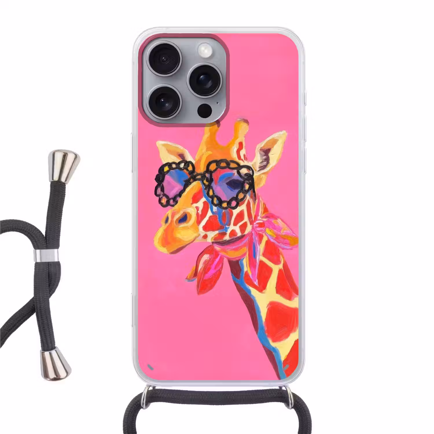 Giraf - Roze - Bril - Sjaal Hoesje iPhone 16 Pro Max met koord klein -3d