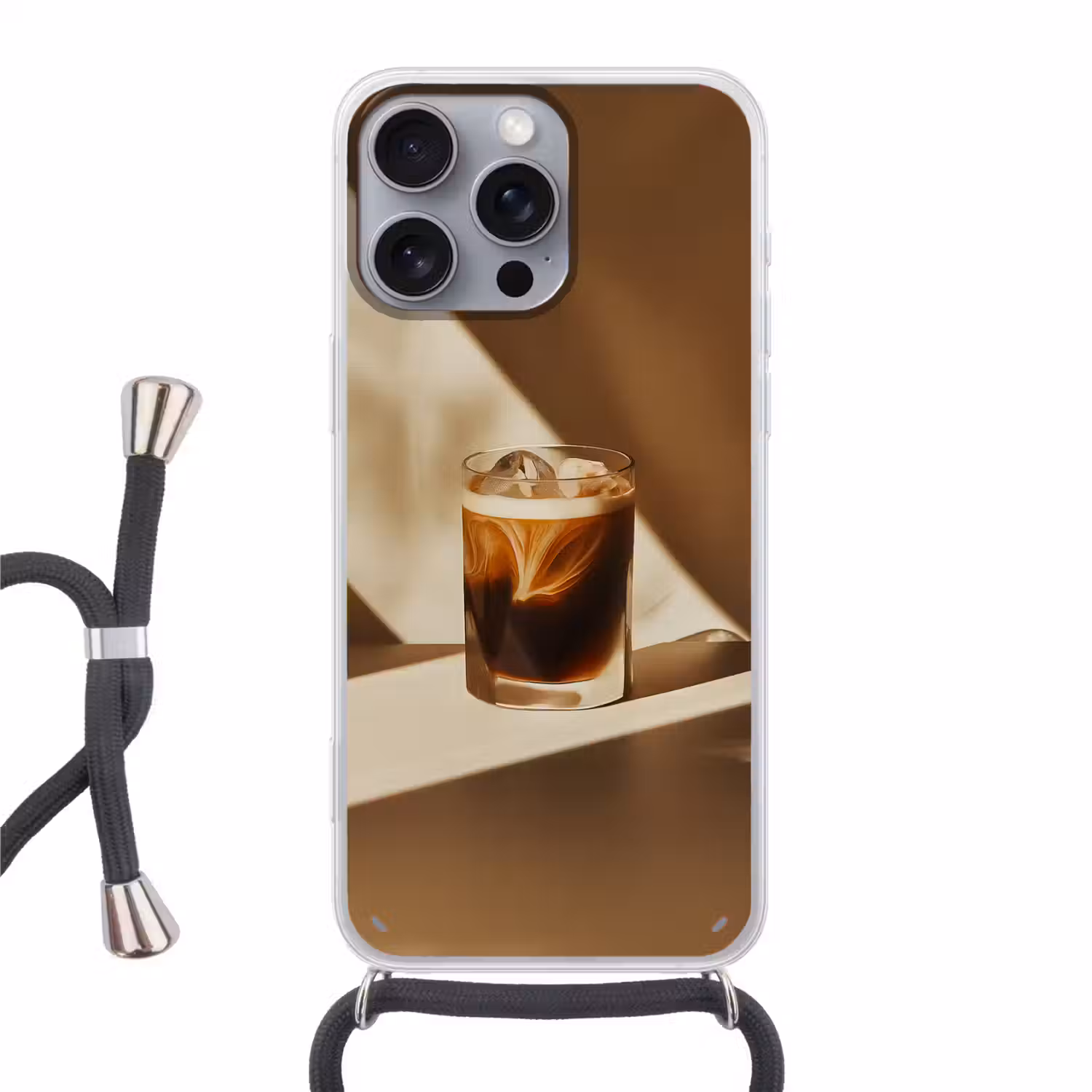 Glas - Ijskoffie - Schaduw - Bruin Hoesje iPhone 16 Pro Max met koord klein -3d