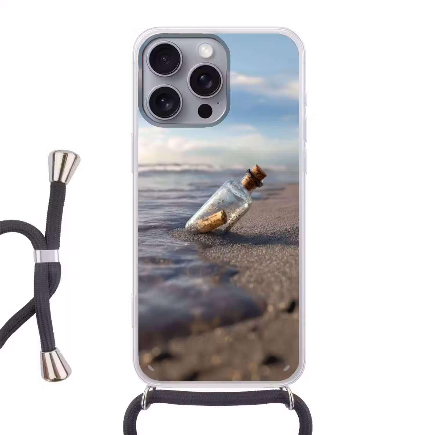 Glazenfles - Post - Zee - Zand Hoesje iPhone 16 Pro Max met koord klein -3d