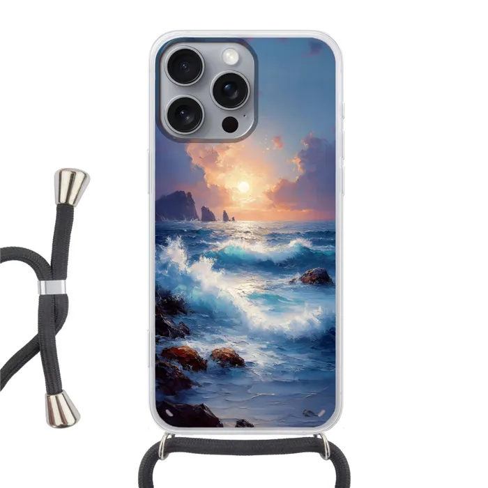 Golven - Zee - Kleurrijk - Rotsen Hoesje iPhone 16 Pro Max met koord klein -3d