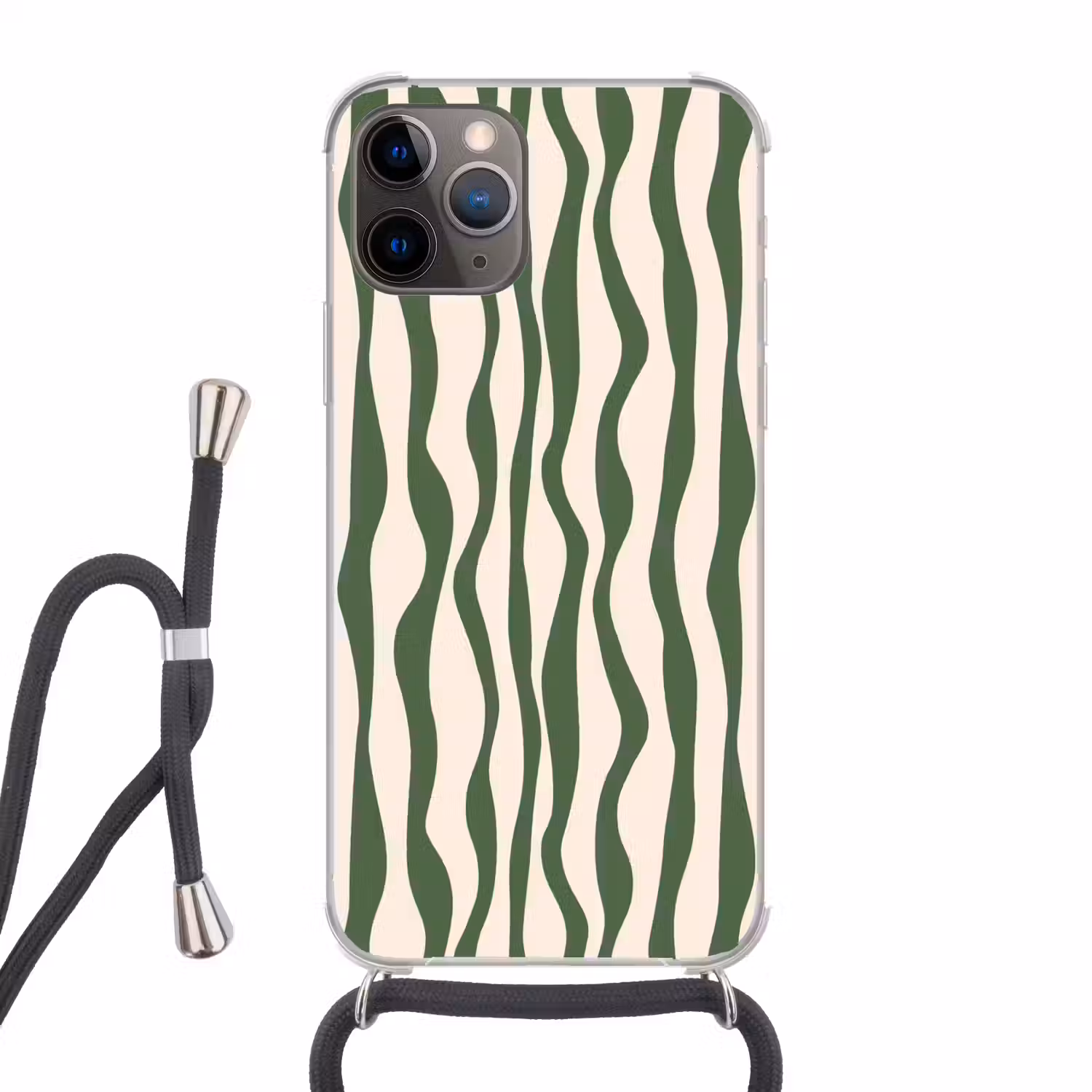 Golvende lijnen - Beige - Groen - Strepen - Abstract Hoesje iPhone 12 Pro met koord klein -3d
