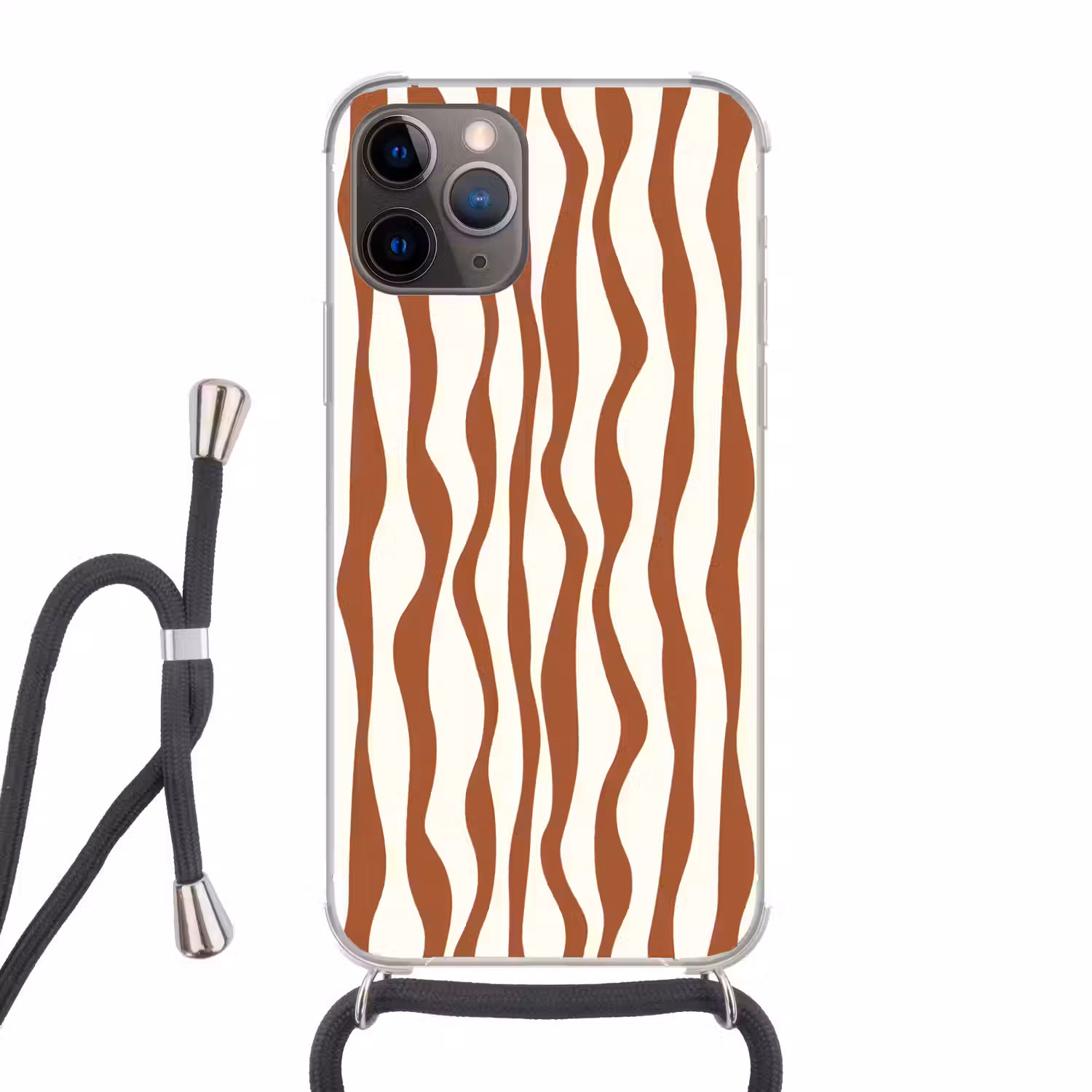Golvende lijnen - Strepen - Beige - Bruin Hoesje iPhone 12 Pro met koord klein -3d