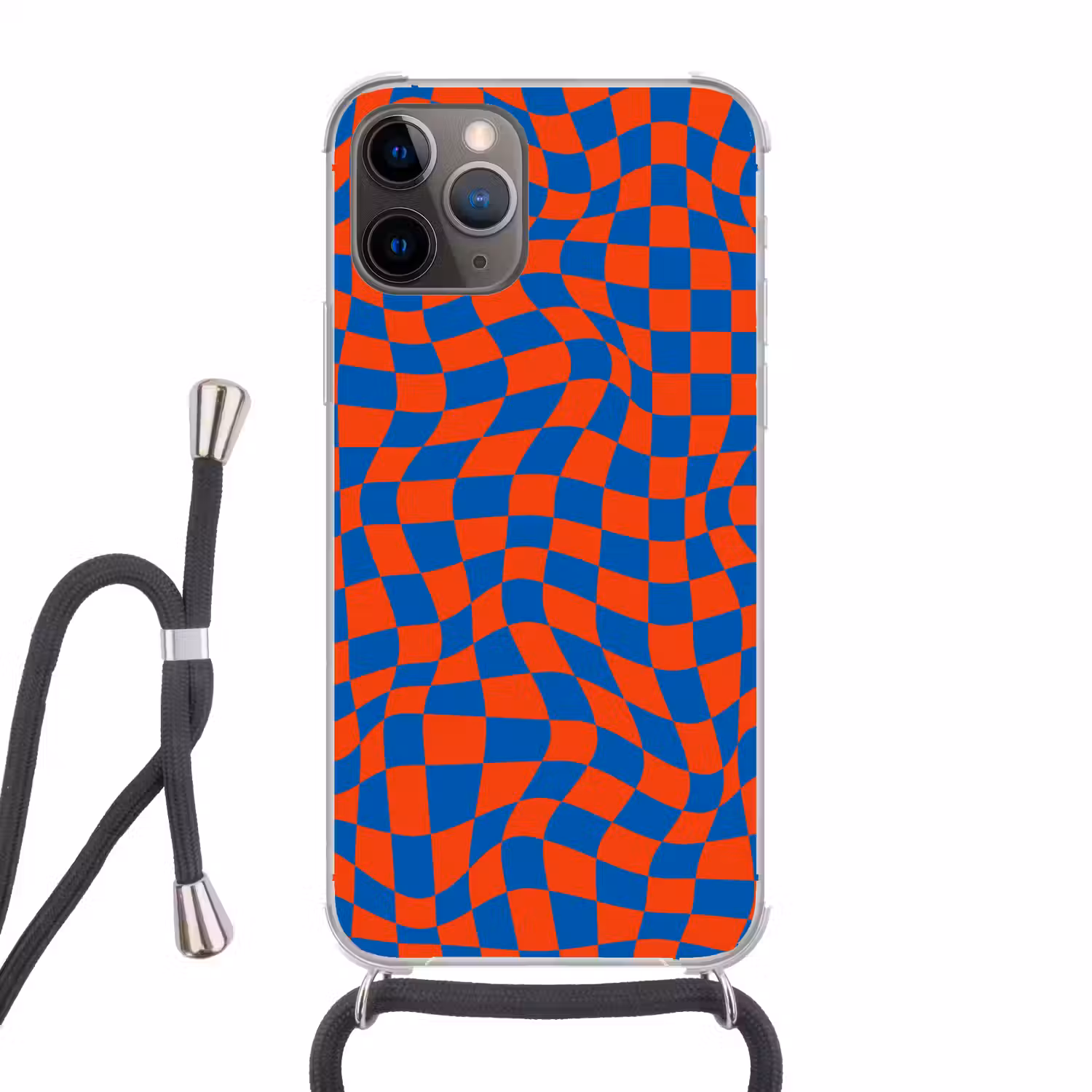 Golvende vakjes - Blauw - Rood - Abstract Hoesje iPhone 12 Pro met koord klein -3d