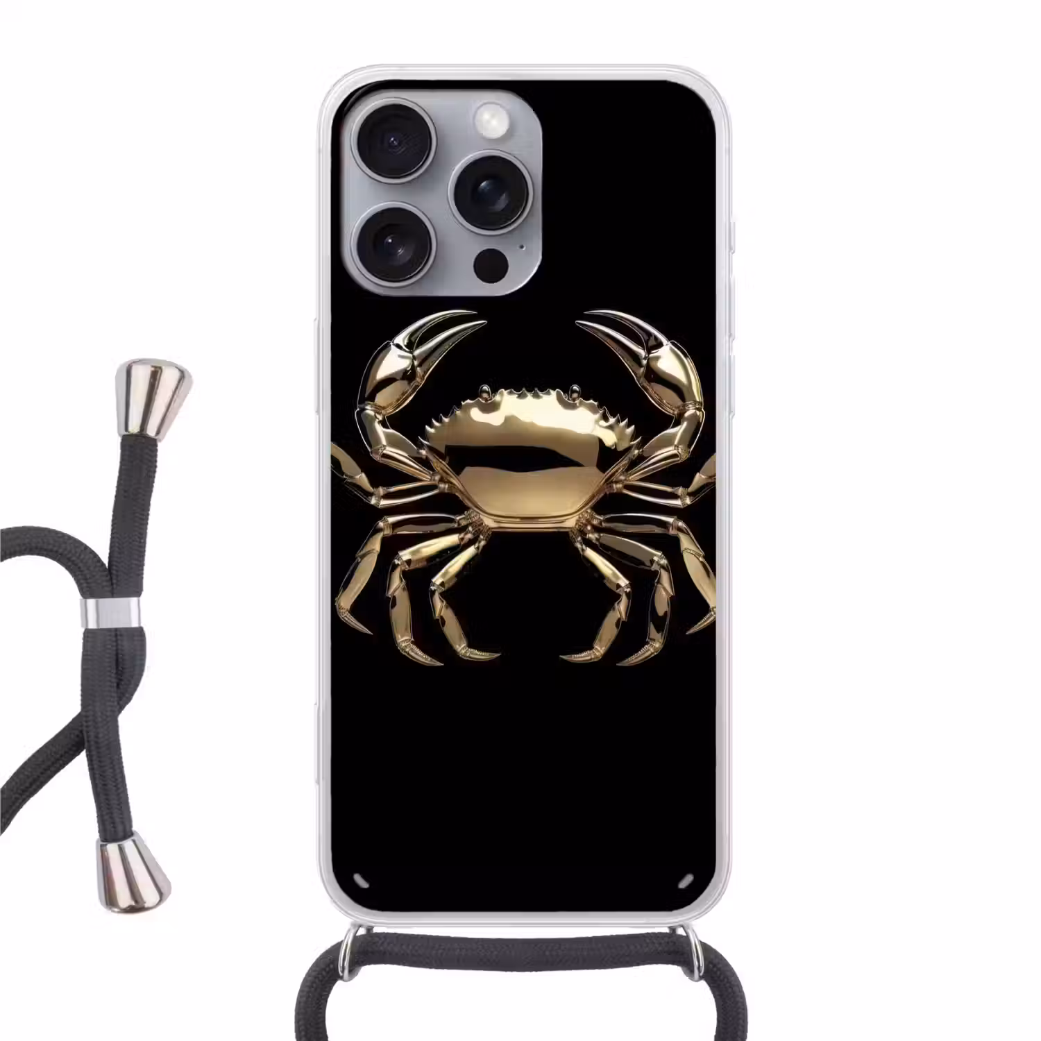 Goud - Krab - Dieren - Zwart Hoesje iPhone 16 Pro Max met koord klein -3d