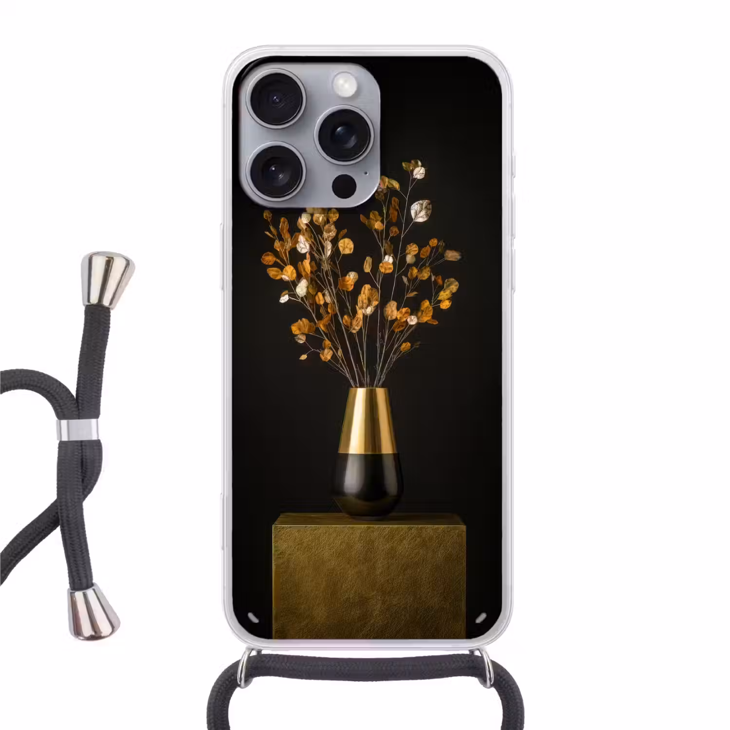 Goudbruine - Bladeren - Vaas - Herfstachtig Hoesje iPhone 16 Pro Max met koord klein -3d