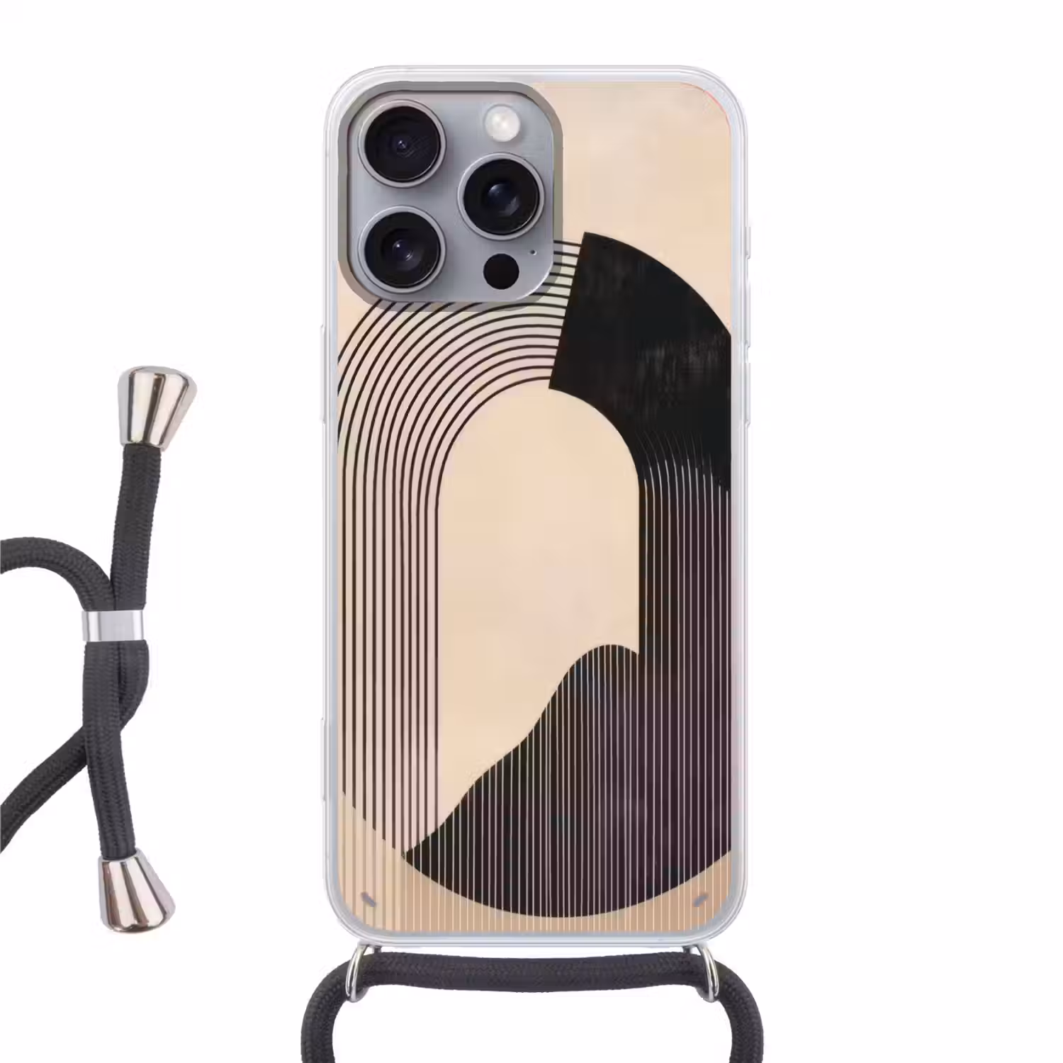 Grafisch gebogen motief - Beige Hoesje iPhone 16 Pro Max met koord klein -3d