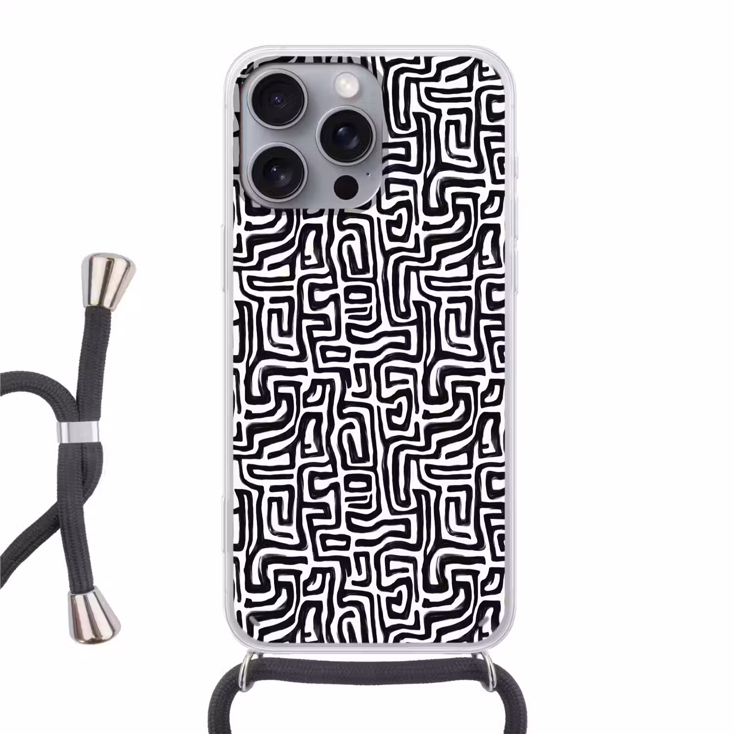 Grafisch - Lijnen - Zwart - Wit Hoesje iPhone 16 Pro Max met koord klein 804 -3d