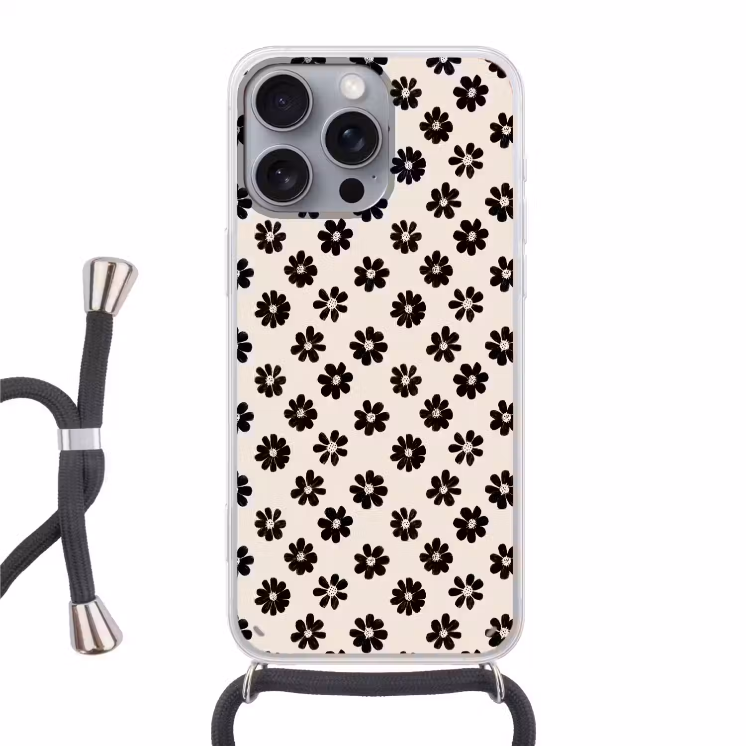 Grafisch - Madeliefjes - Zwart - Beige Hoesje iPhone 16 Pro Max met koord klein 804 -3d