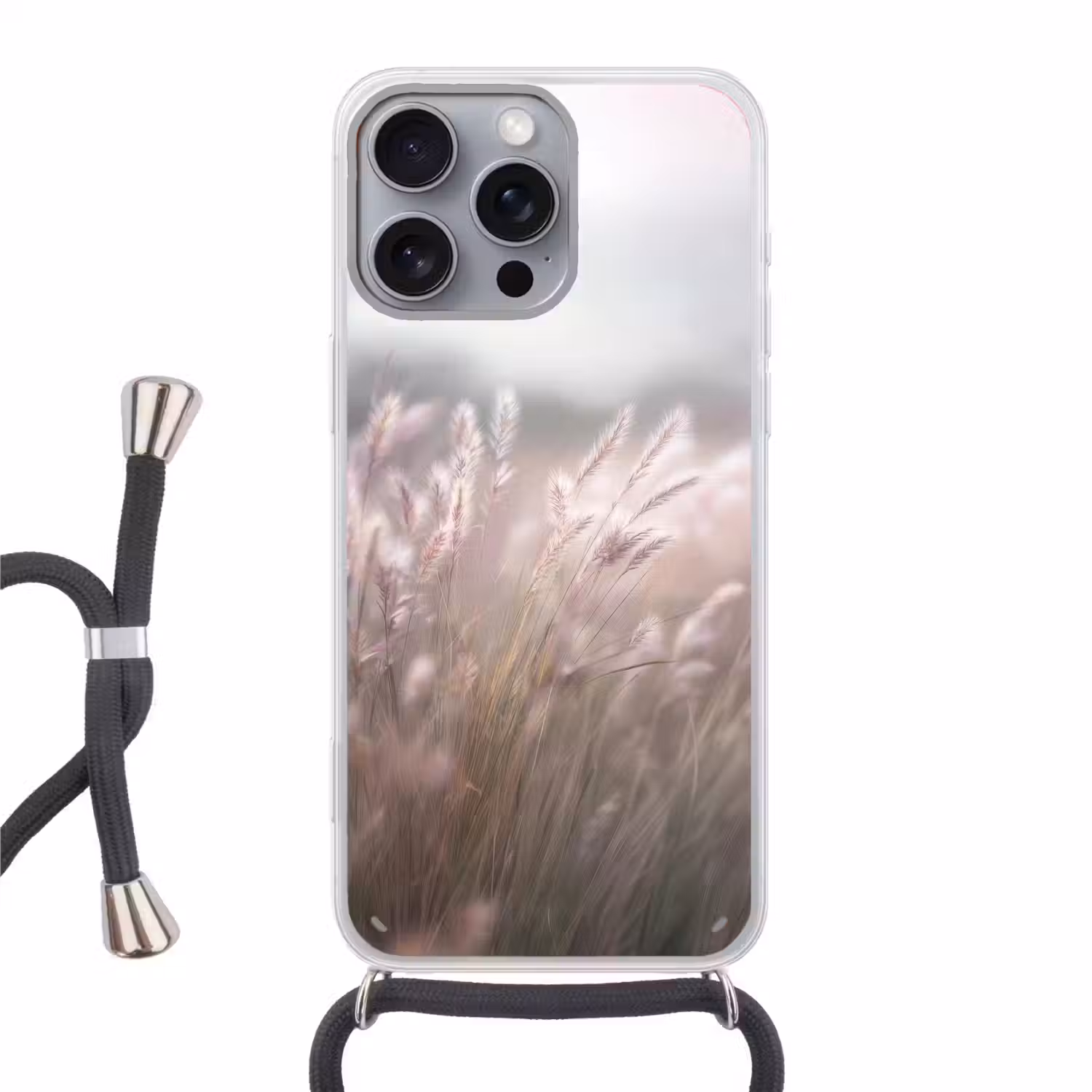 Graspluimen - Wind - Beige - Mistig Hoesje iPhone 16 Pro Max met koord klein -3d