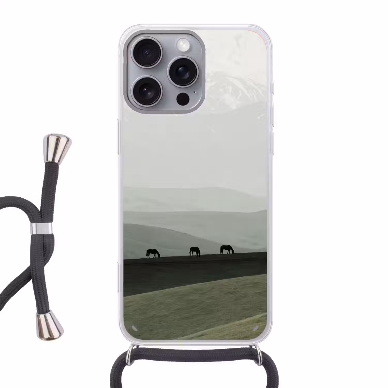 Grijs - Berg - Paarden Hoesje iPhone 16 Pro Max met koord klein -3d