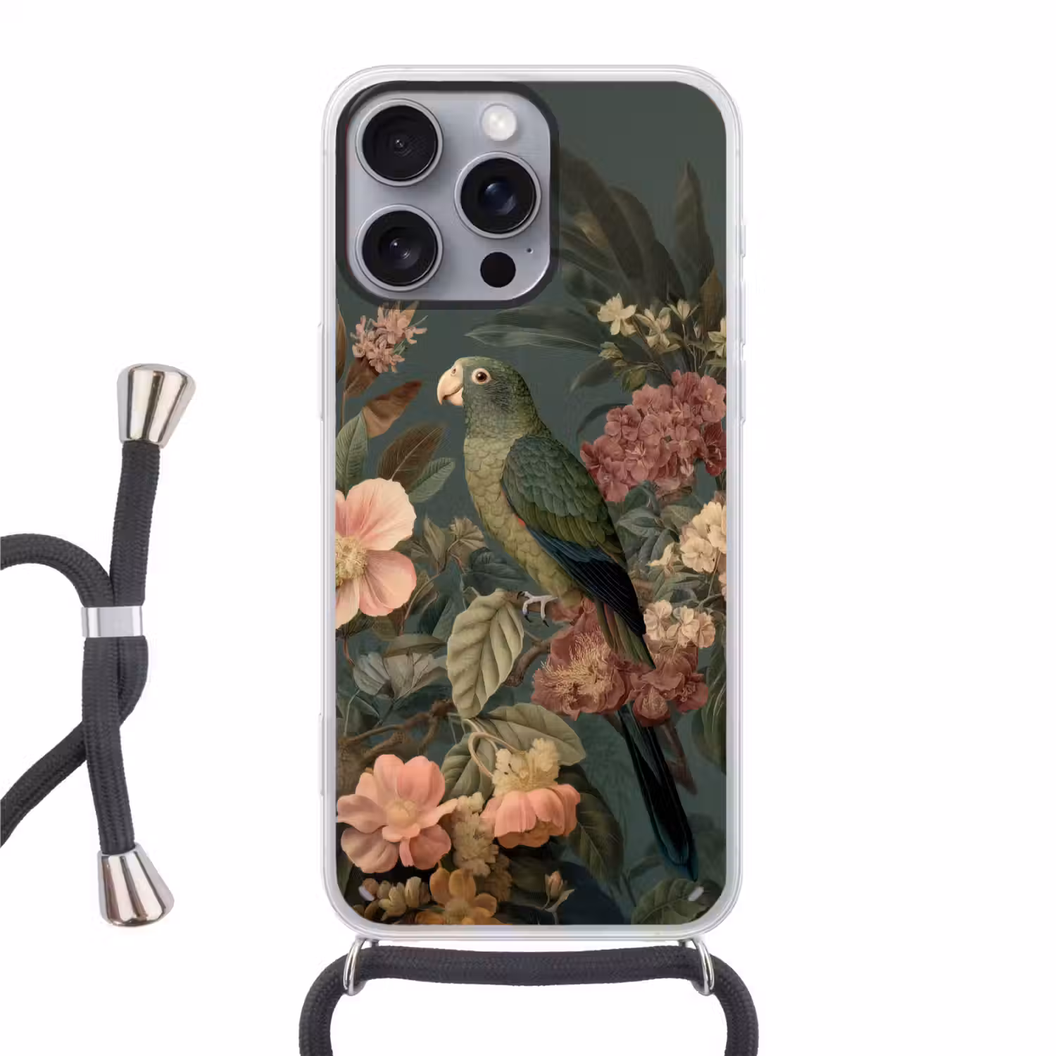 Groene papegaai - Kleurrijke bloemen - Donkere achtergrond Hoesje iPhone 16 Pro Max met koord klein -3d