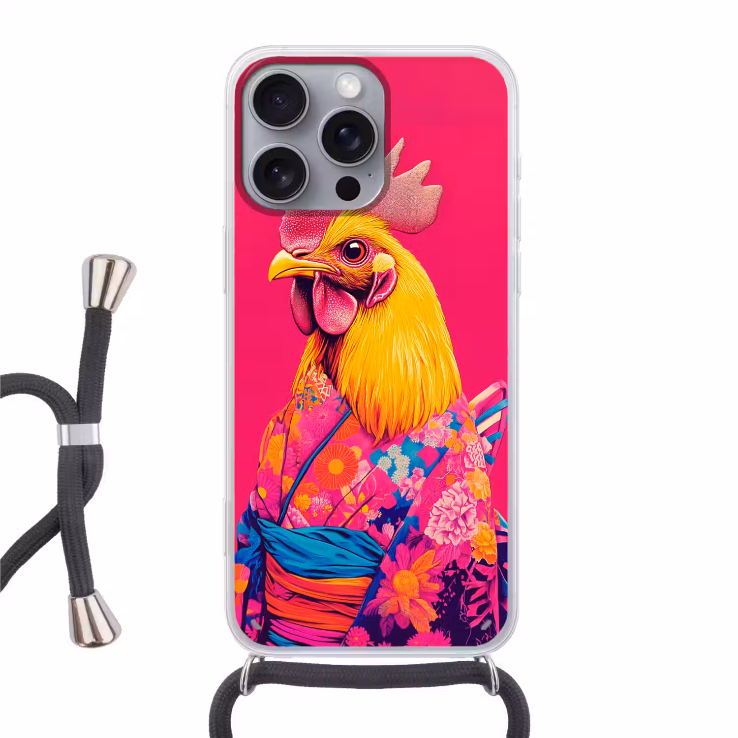 Haan - Kleurrijk - Kimono - Roze Hoesje iPhone 16 Pro Max met koord klein -3d