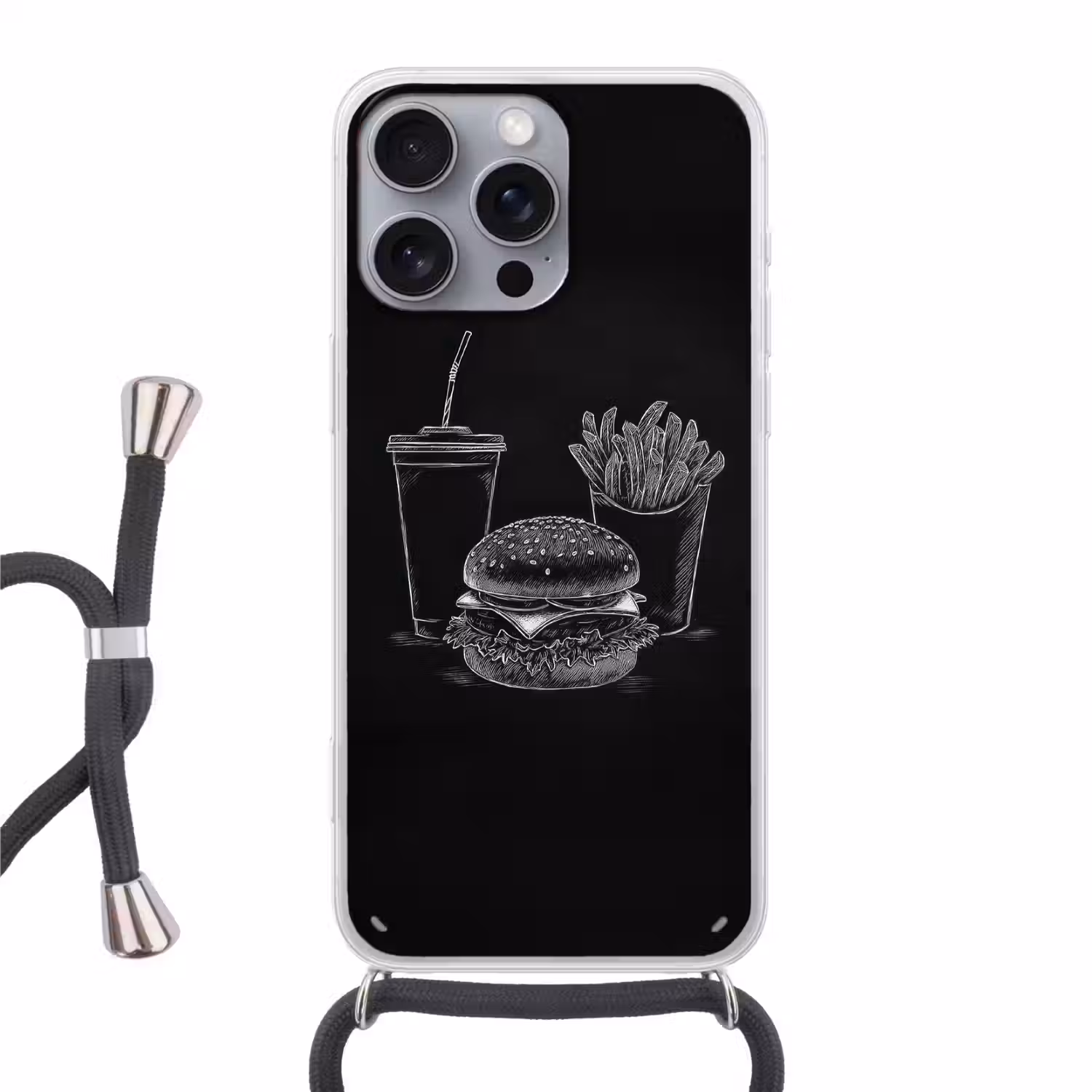 Hamburger - Friet - Frisdrank - Krijttekening Hoesje iPhone 16 Pro Max met koord klein -3d