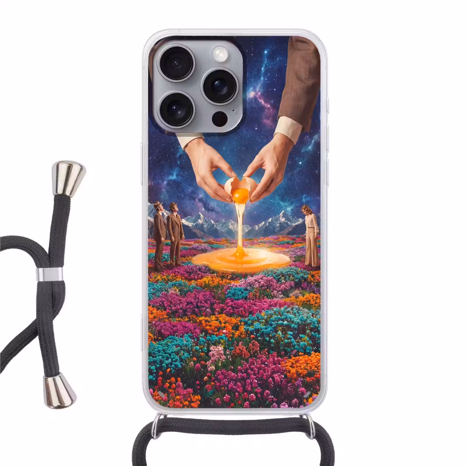 Telefoonhoesje met koord - Handen - Ei - Surrealisme - Handen - Ei - Surrealisme Hoesje iPhone 16 Pro Max met koord klein