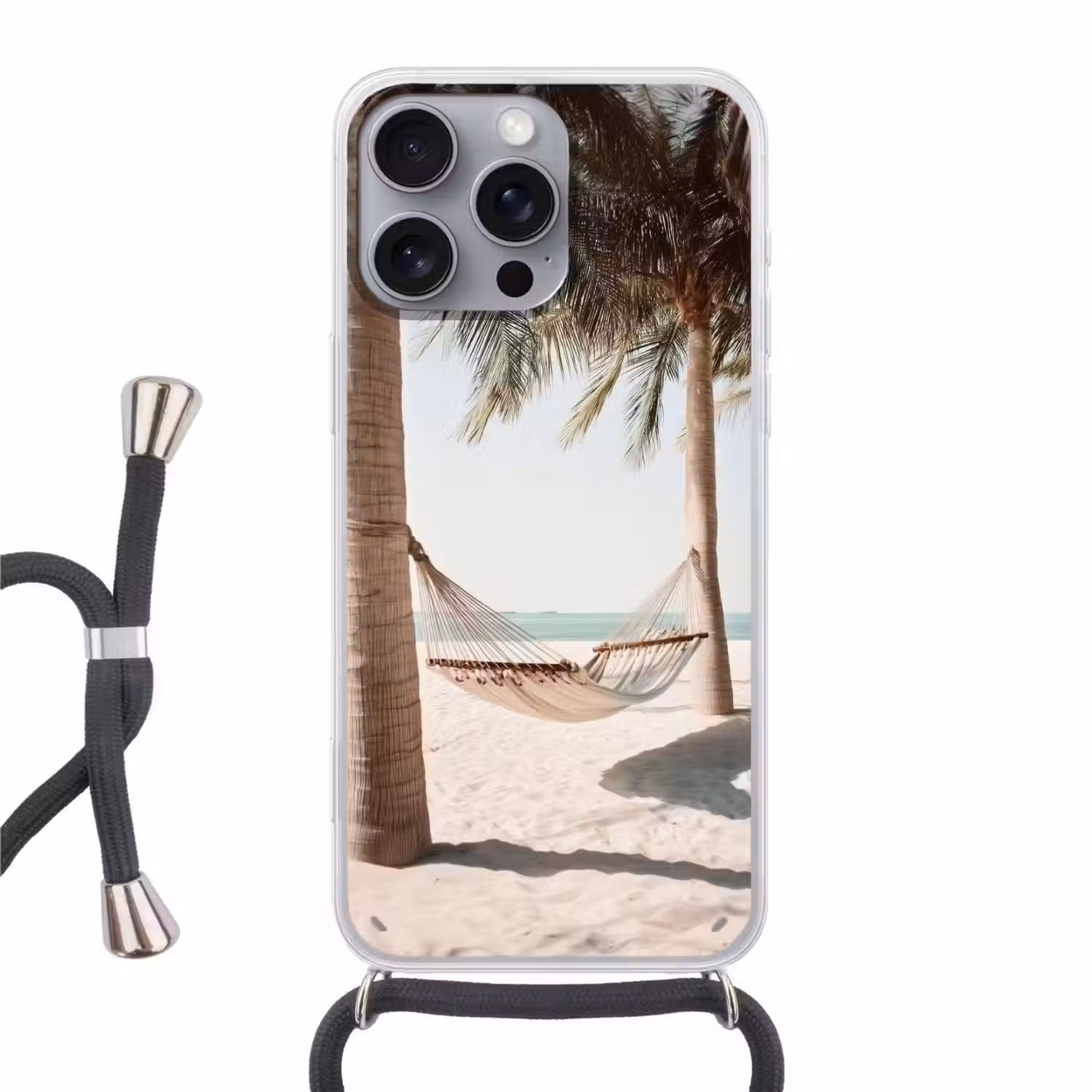 Hangmat - Palmbomen - Strand - Zee Hoesje iPhone 16 Pro Max met koord klein -3d