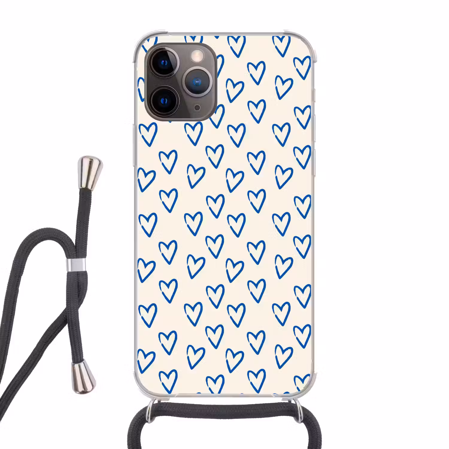 Hartjes patroon - Blauw - Beige - Liefde Hoesje iPhone 12 Pro met koord klein -3d